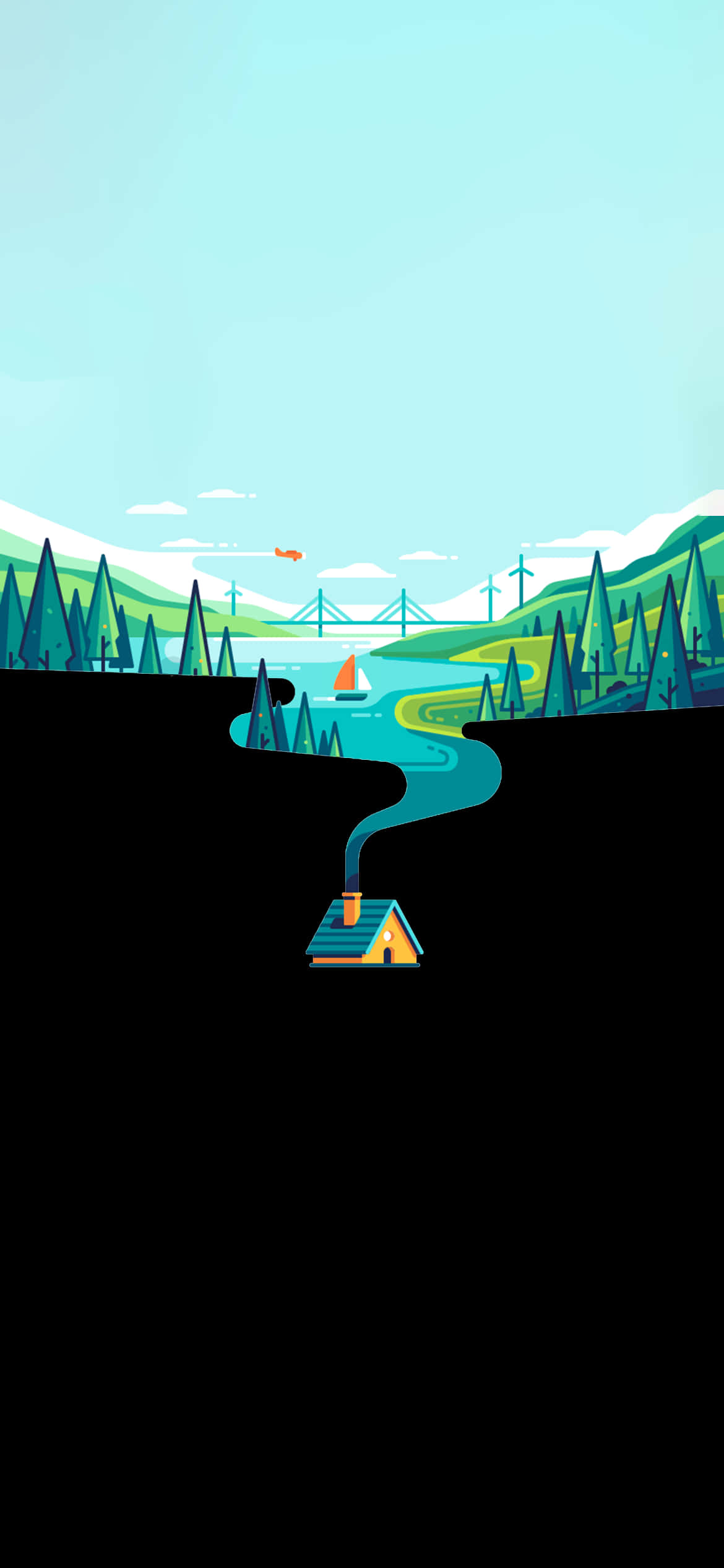 cozy cabin, cliff, winding river valley, Full HD Phone Wallpaper