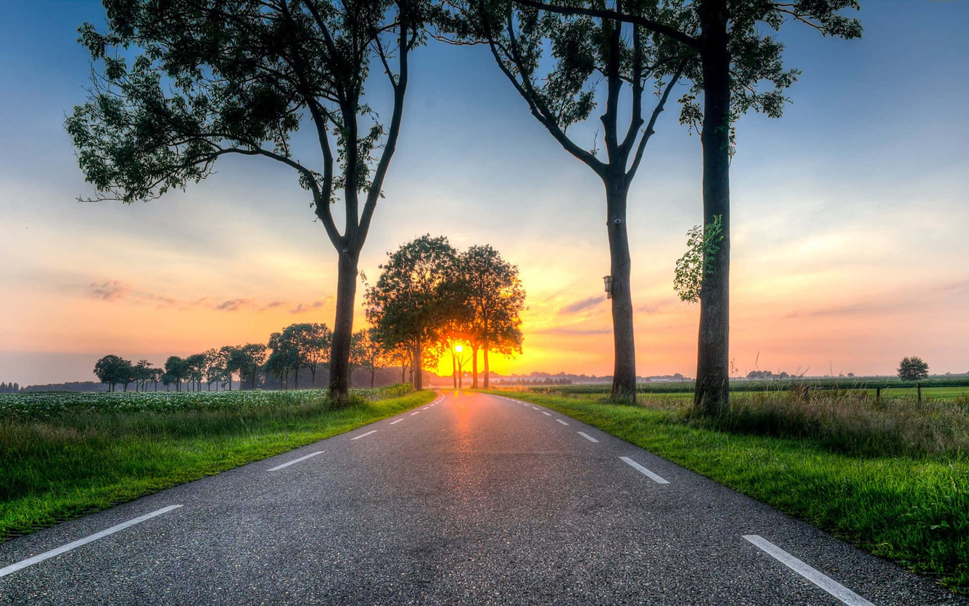 countryside road, trees, sunset, Full HD Desktop Wallpaper