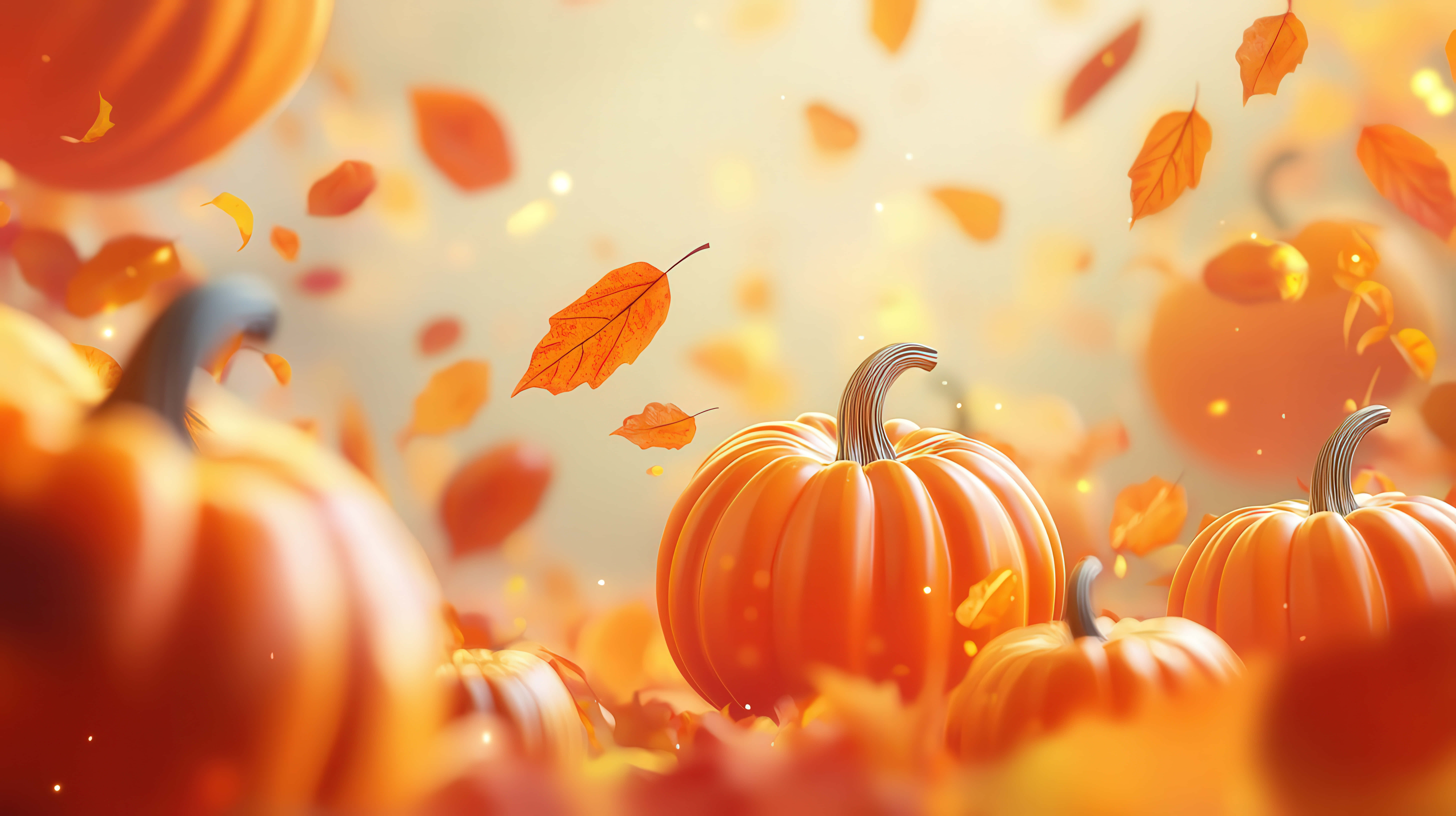 autumn scene, bright orange pumpkins, swirling fall leaves, 8K Desktop Wallpaper