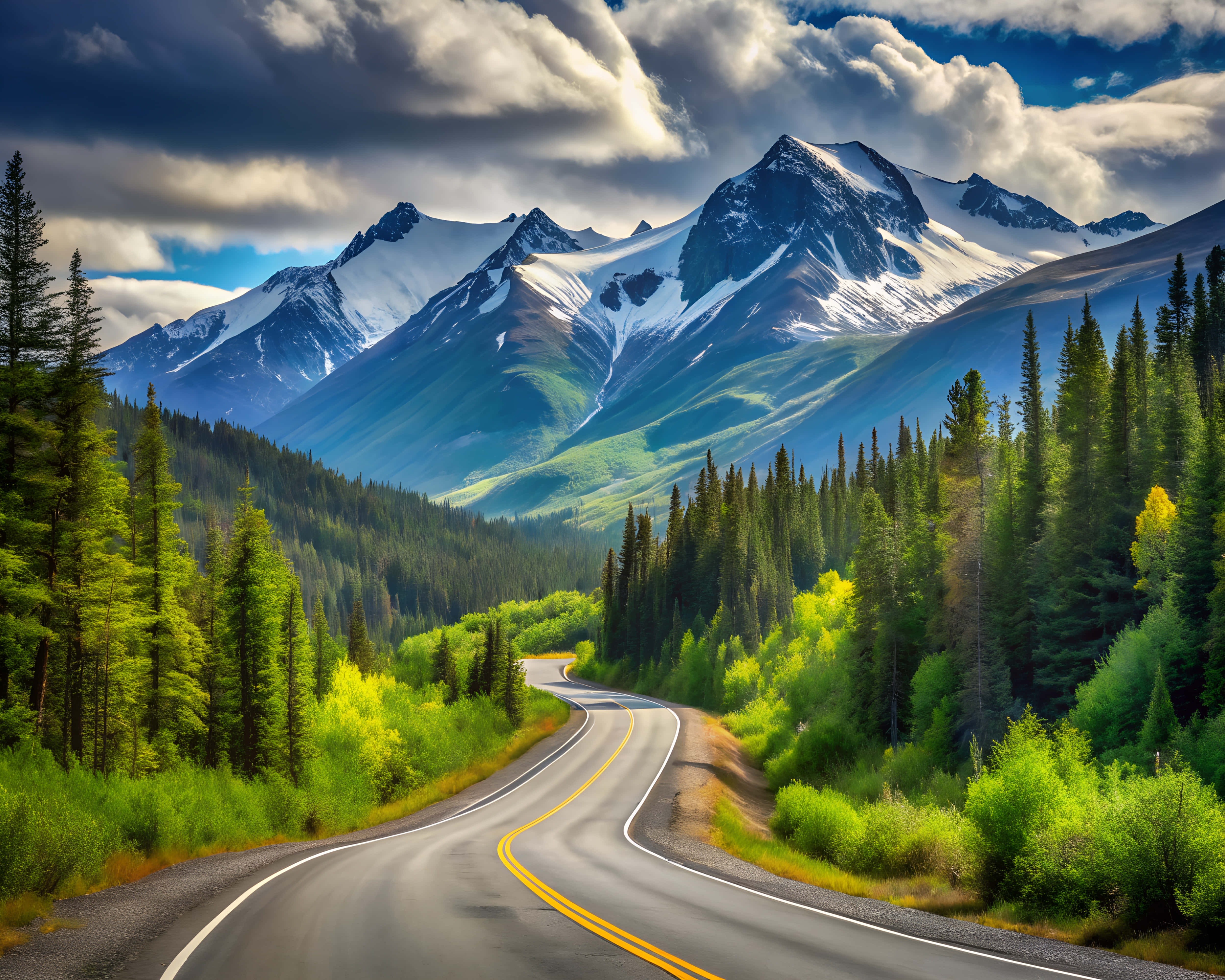 asphalt road, mountains, lush green forests, 4K Desktop Wallpaper