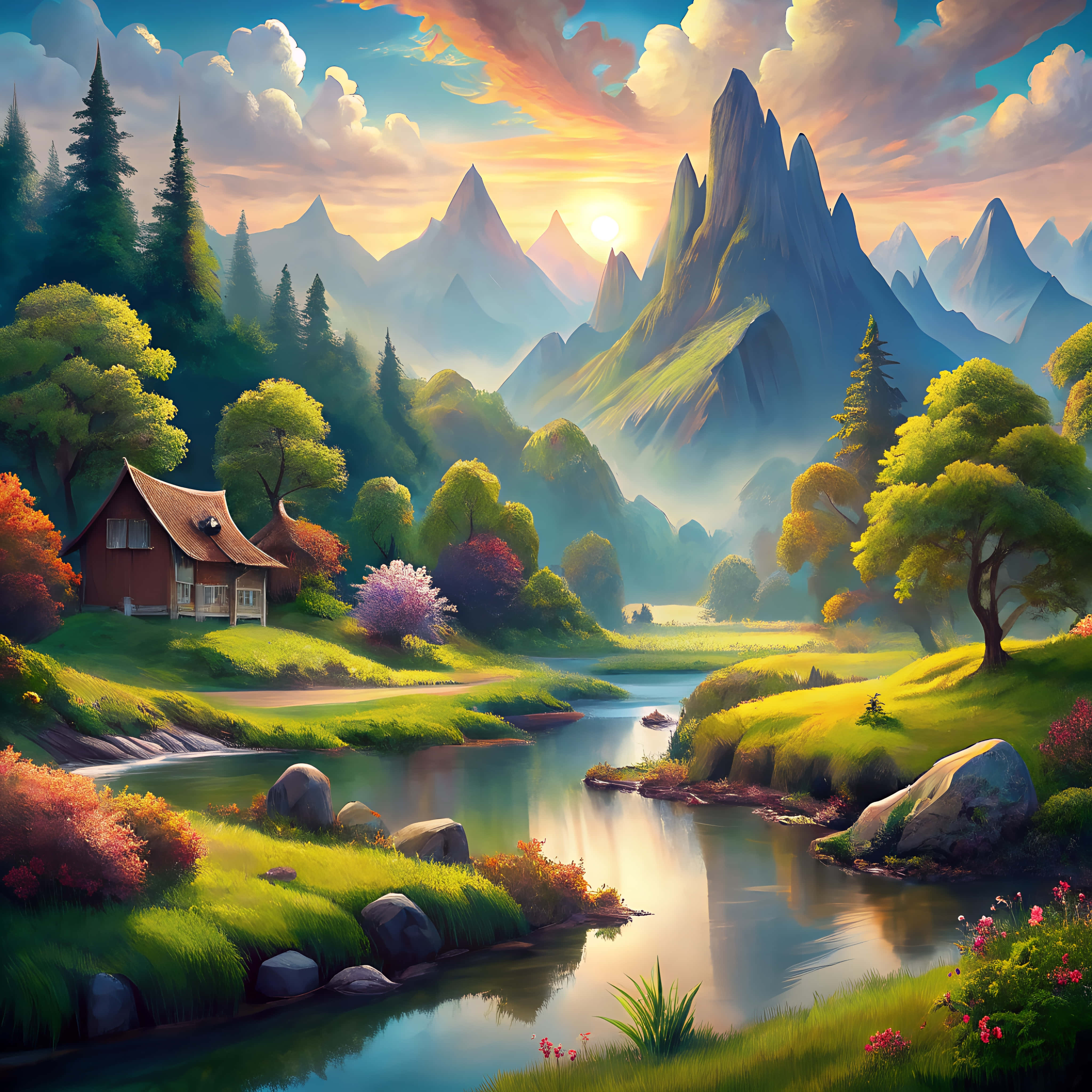 mountain valley, sunrise, winding river, 4K Desktop Wallpaper