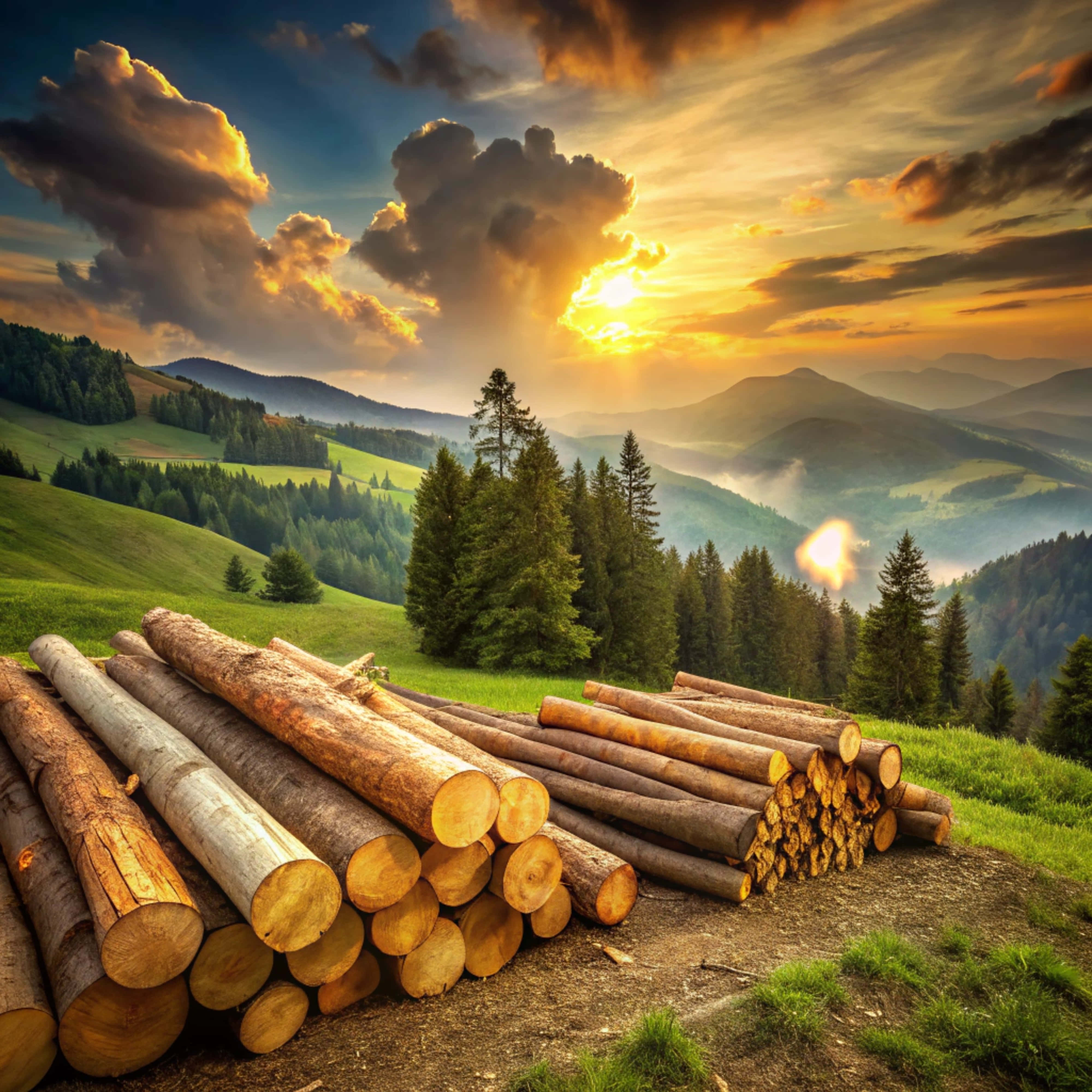 wooden logs, grassy hillside, dramatic sunset, 4K Desktop Wallpaper
