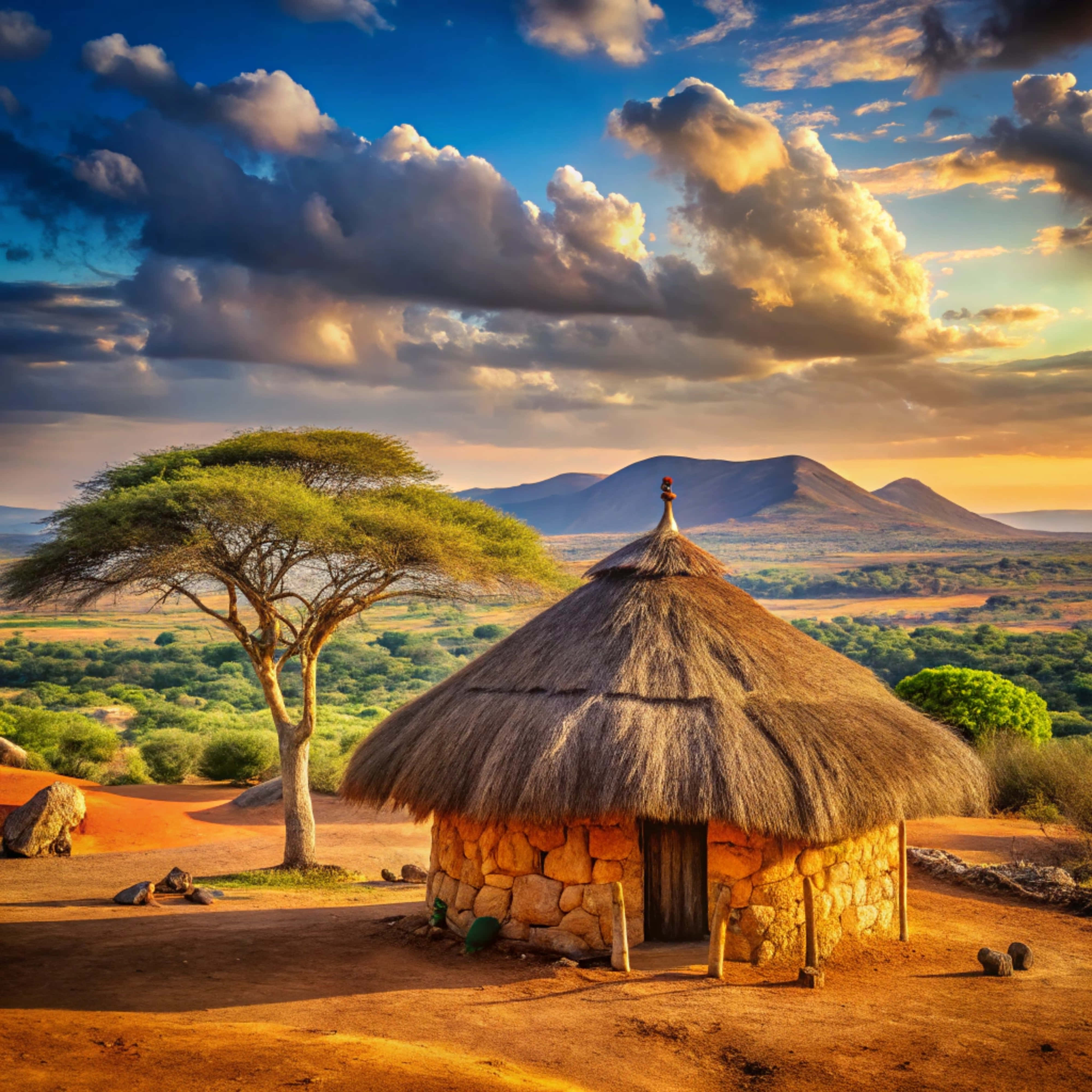 thatched-roof stone hut, dramatic sky, golden clouds, 4K Desktop Wallpaper