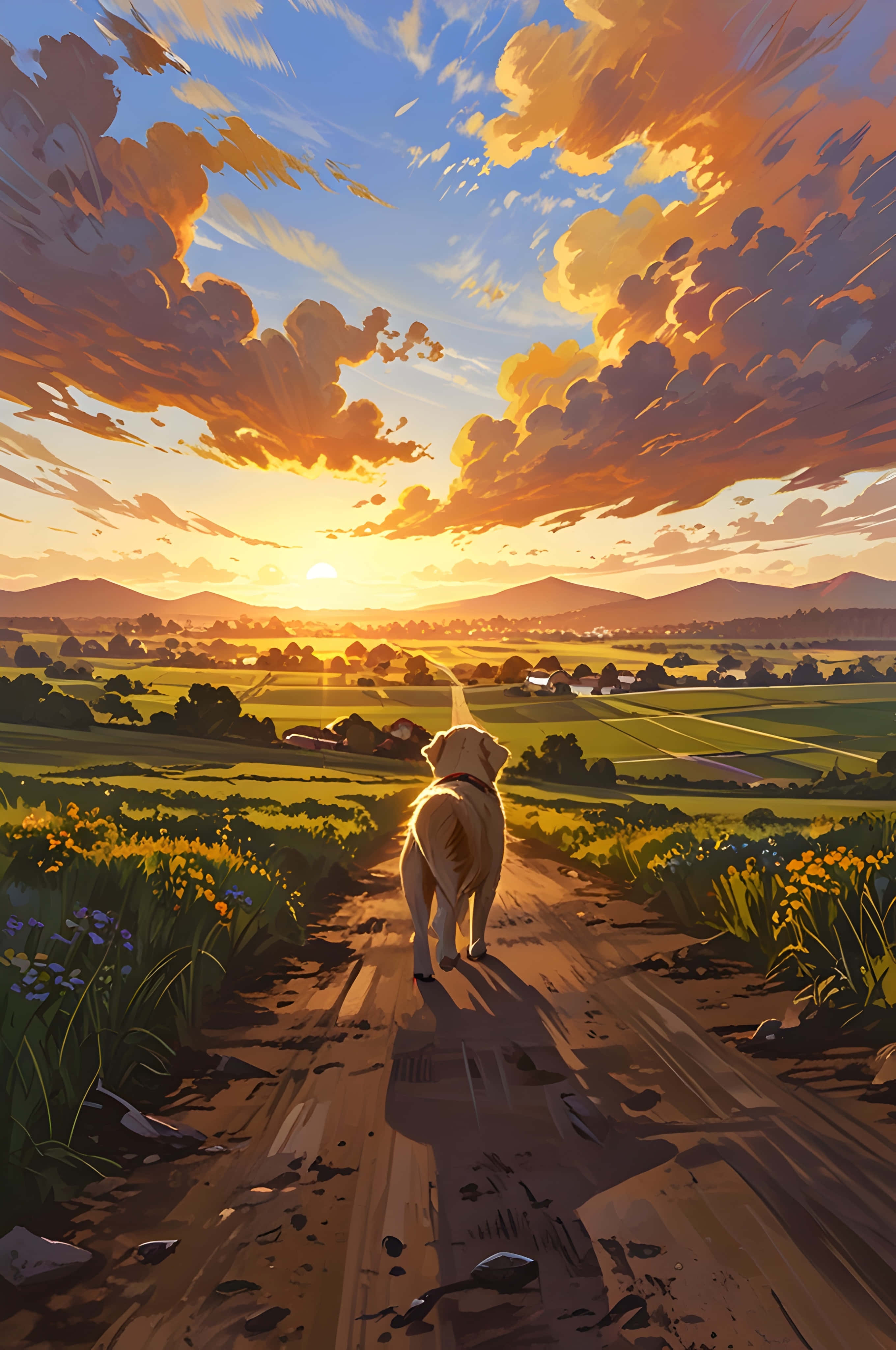 golden retriever, dirt path, vibrant sunset, 4K Phone Wallpaper