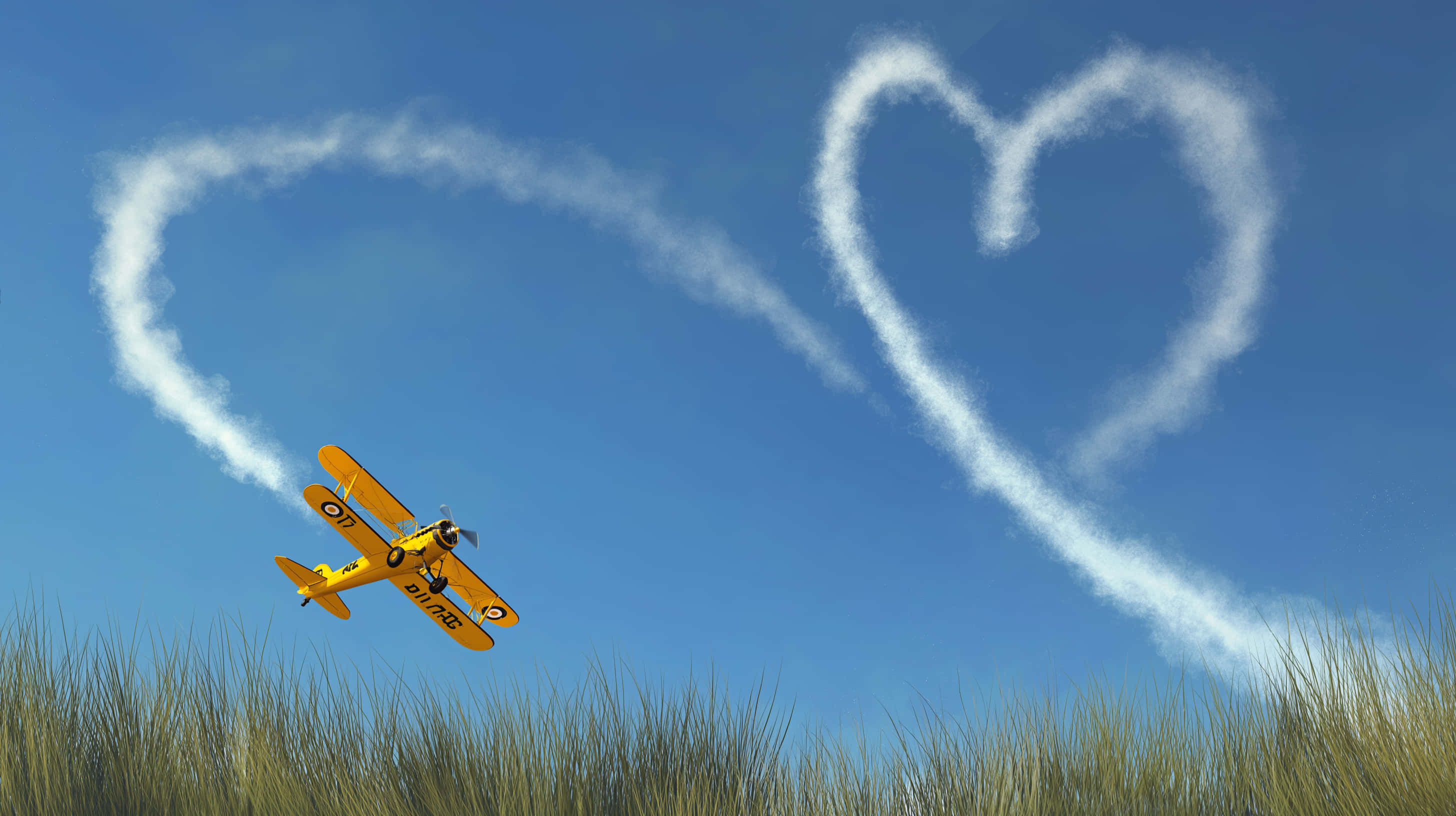 vintage biplane, heart shaped smoke trail, grassy dunes, 2K Desktop Wallpaper