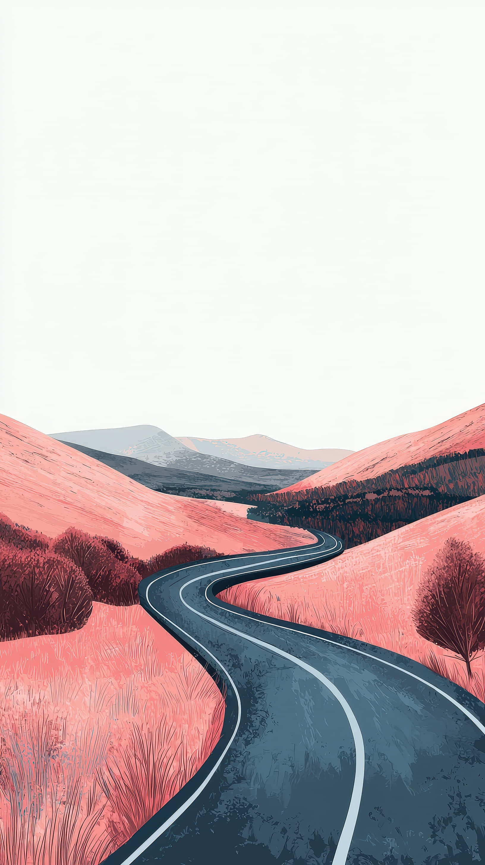 winding asphalt road, pinkish hills, pale sky, 2K Phone Wallpaper