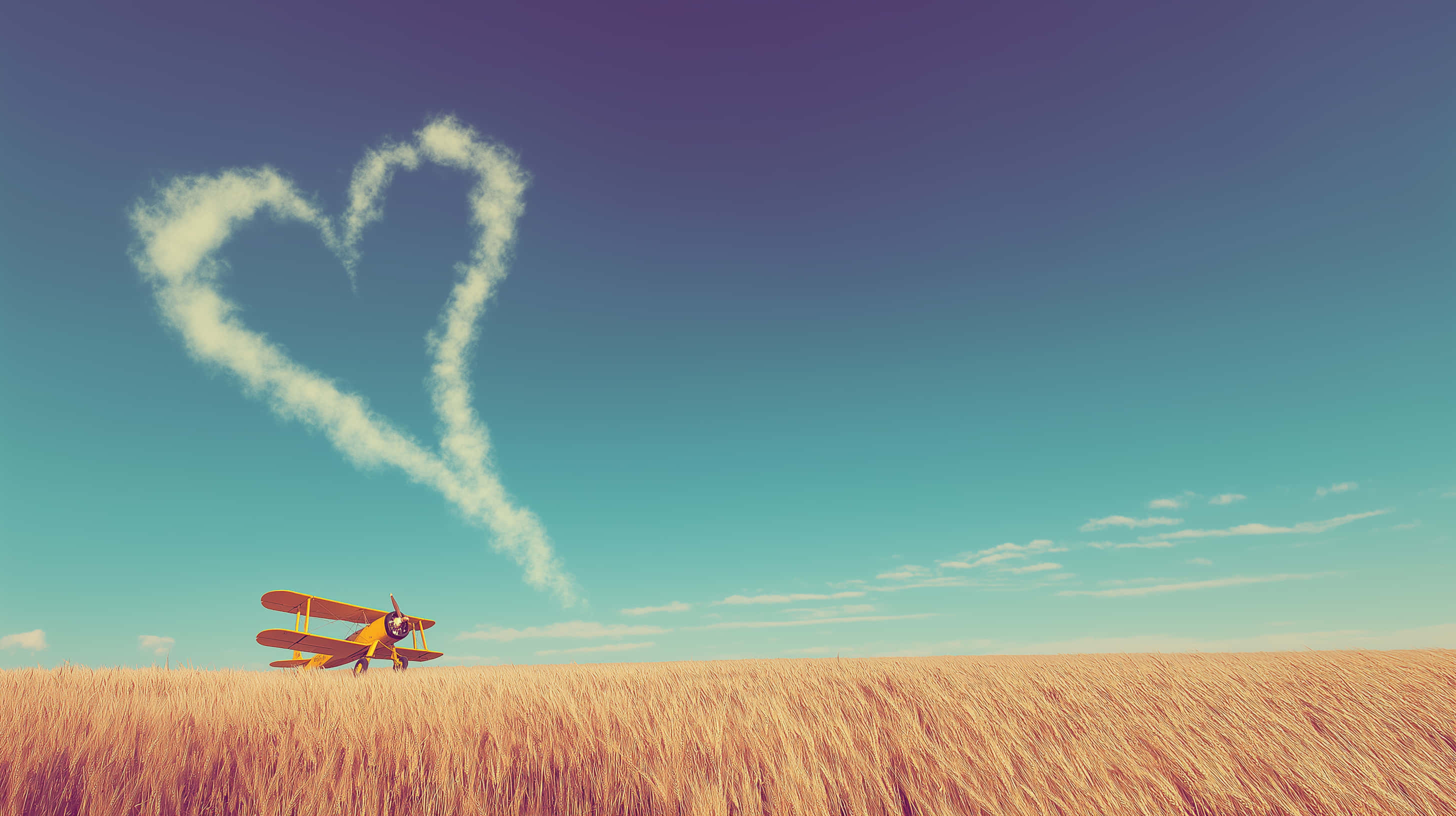 retro biplane, heart-shaped smoke trail, golden wheat fields, 2K Desktop Wallpaper