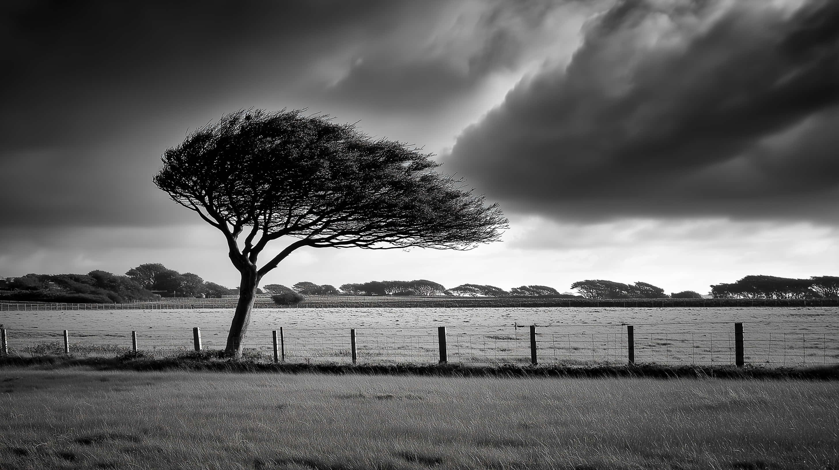 windswept tree, dramatic monochrome sky, fenced pasture, 2K Desktop Wallpaper