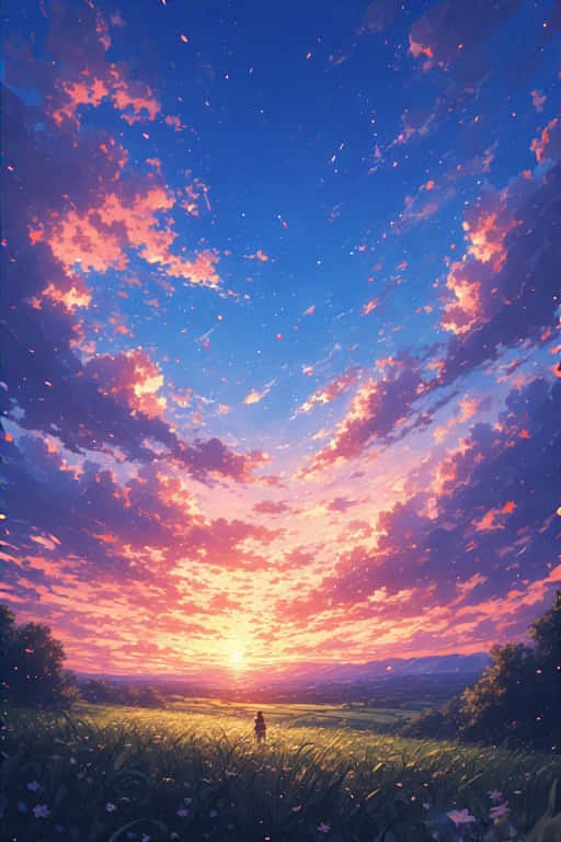 anime, sunset, rural scenery, SD Phone Wallpaper