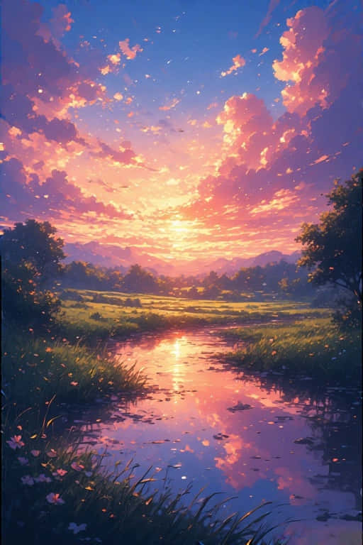 sunset, fiery oranges and pinks, calm stream, SD Phone Wallpaper