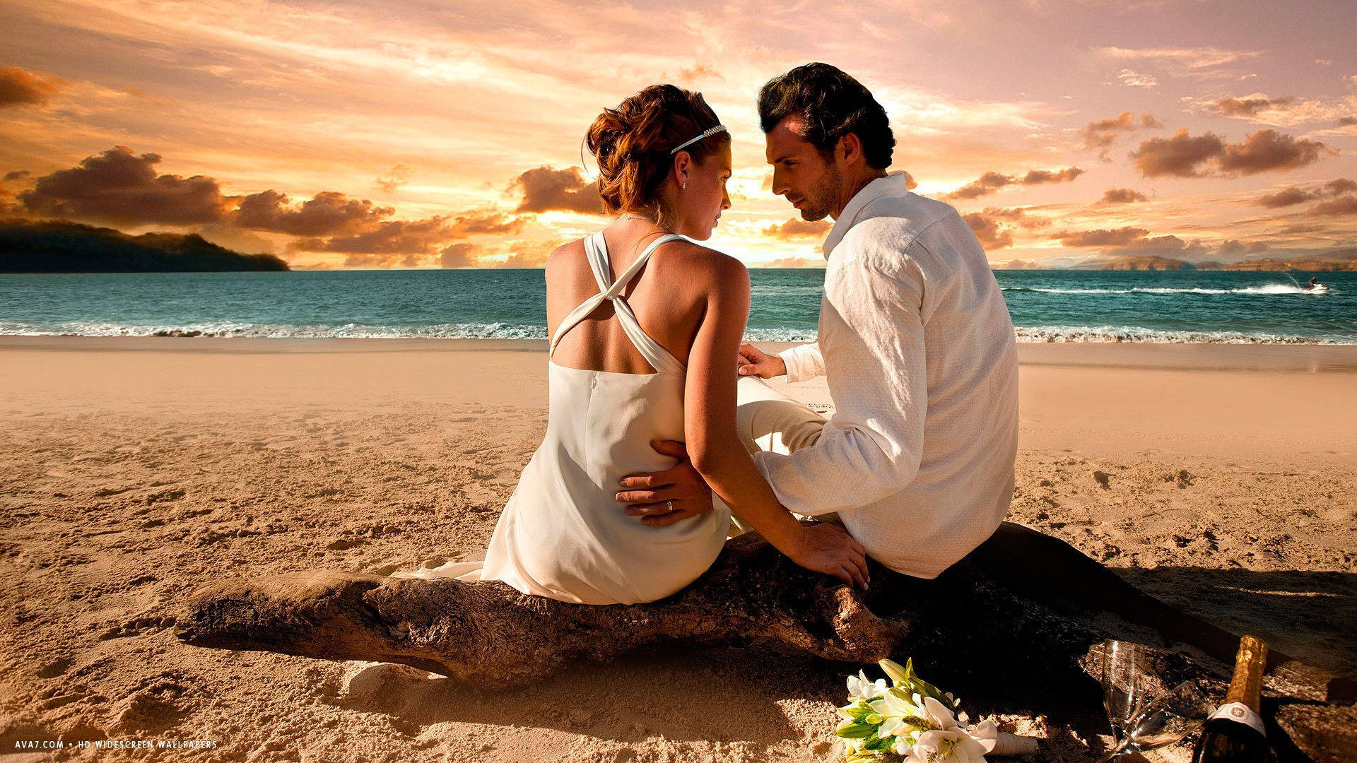 Love in Paradise, driftwood log, sunset, Full HD Desktop Wallpaper