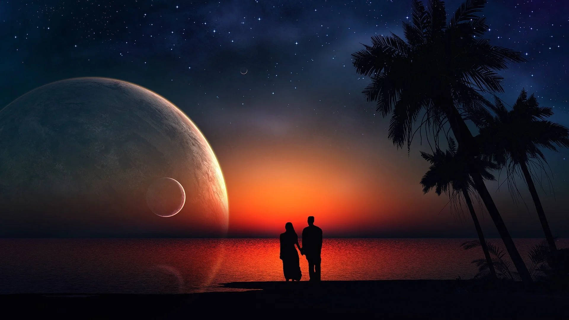 coconut tree, giant moon, crescent, Full HD Desktop Wallpaper