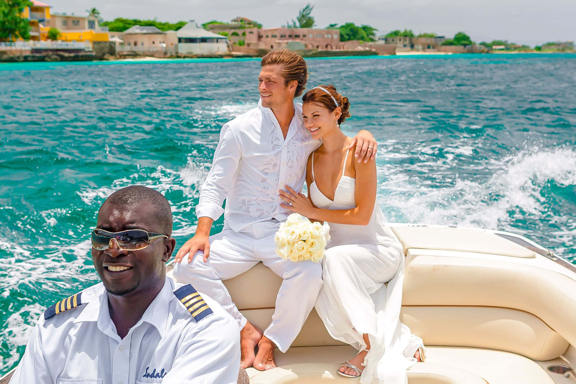 bride and groom, white wedding attire, speedboat, Full HD Desktop Wallpaper