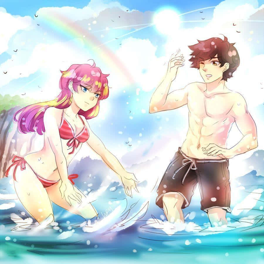 anime couple, sparkling ocean waves, bright rainbow, SD Desktop Wallpaper