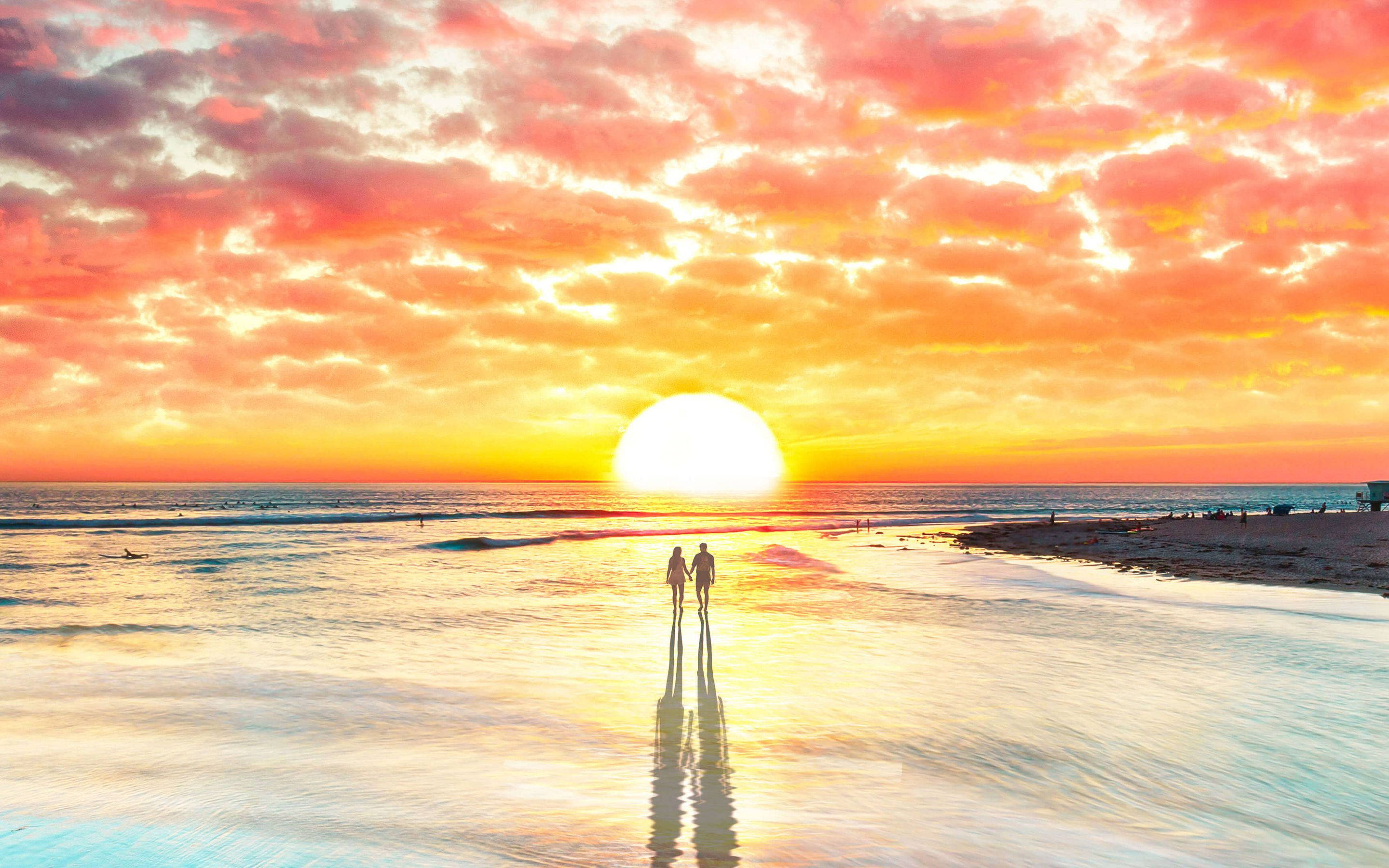 Romantic escape by the shore, wet beach, sunet, 2K Desktop Wallpaper