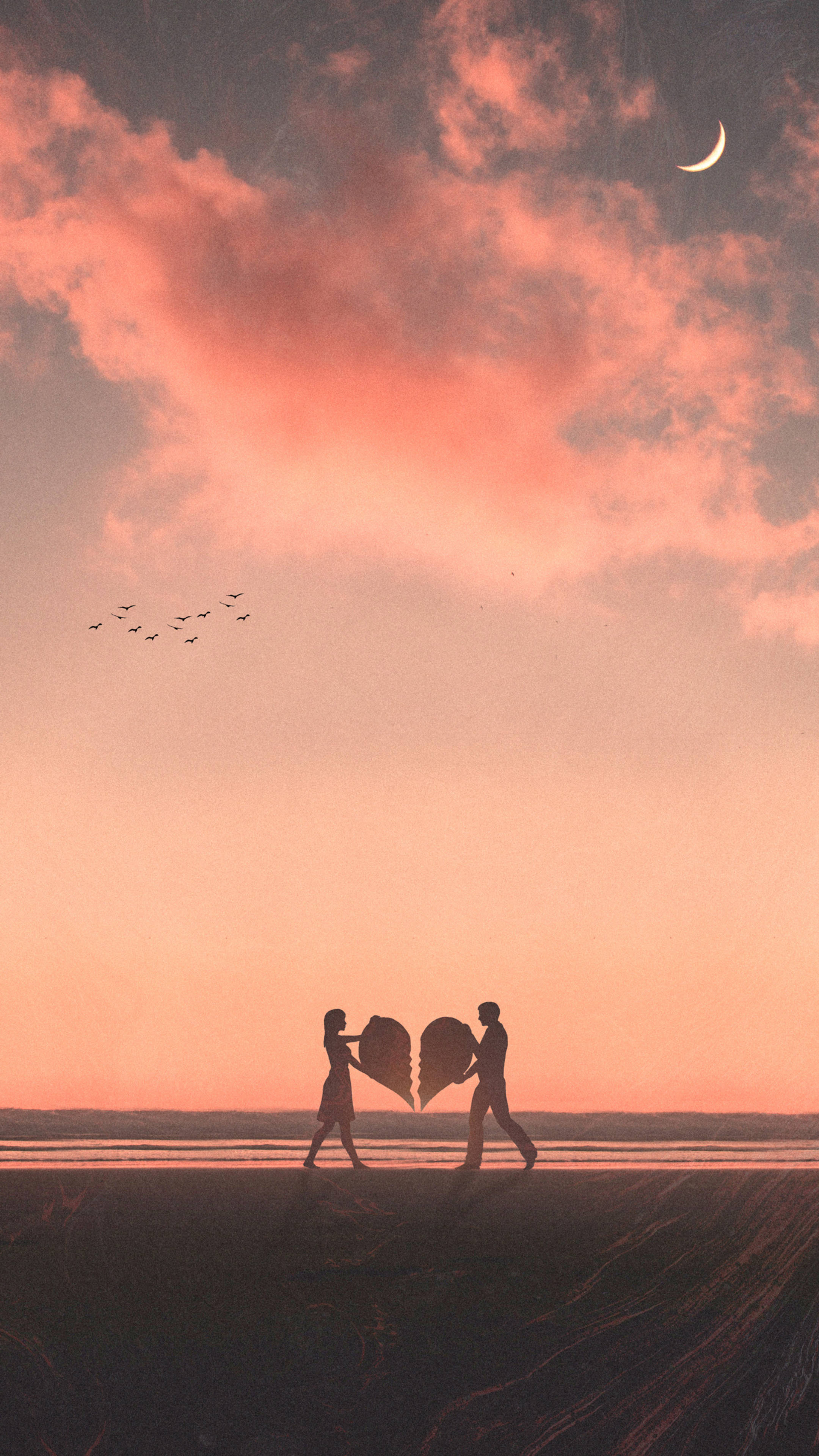Broken Love, beach, sunset, 4K Phone Wallpaper