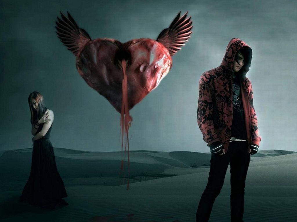 bleeding heart-winged creature, surreal desert scene, two figures in dark clothing, SD Desktop Wallpaper
