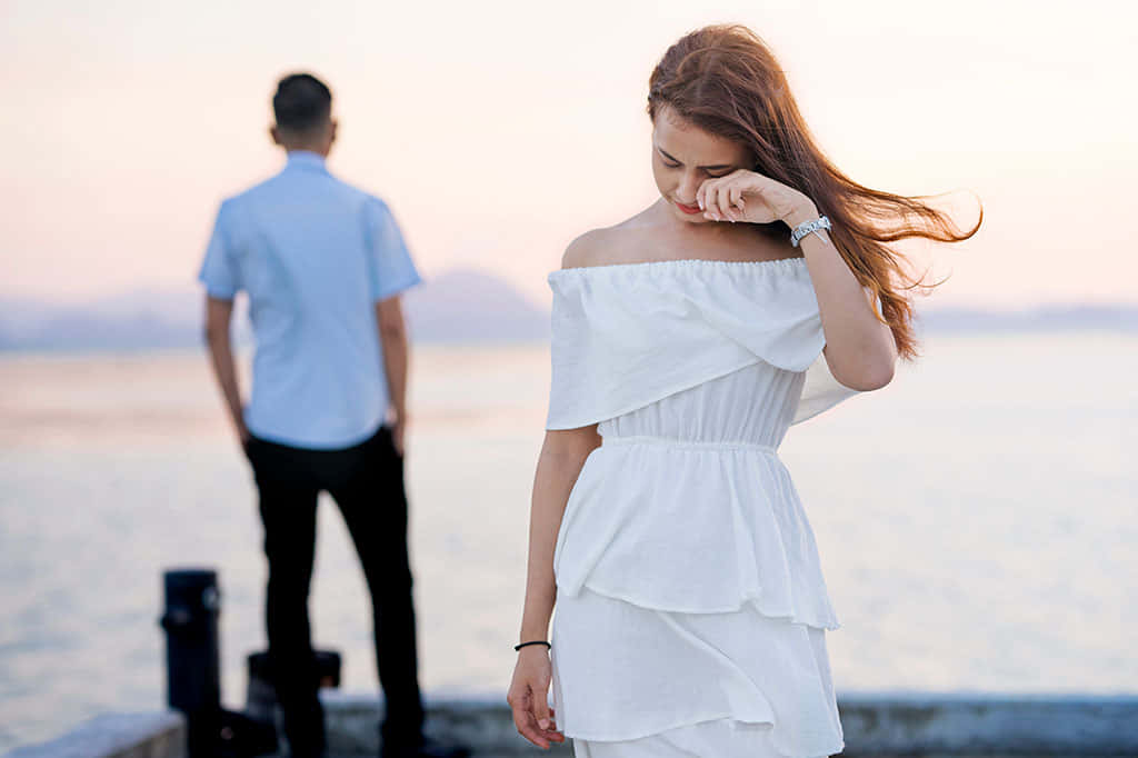 white off-shoulder dress, pier, man walks away, SD Desktop Wallpaper