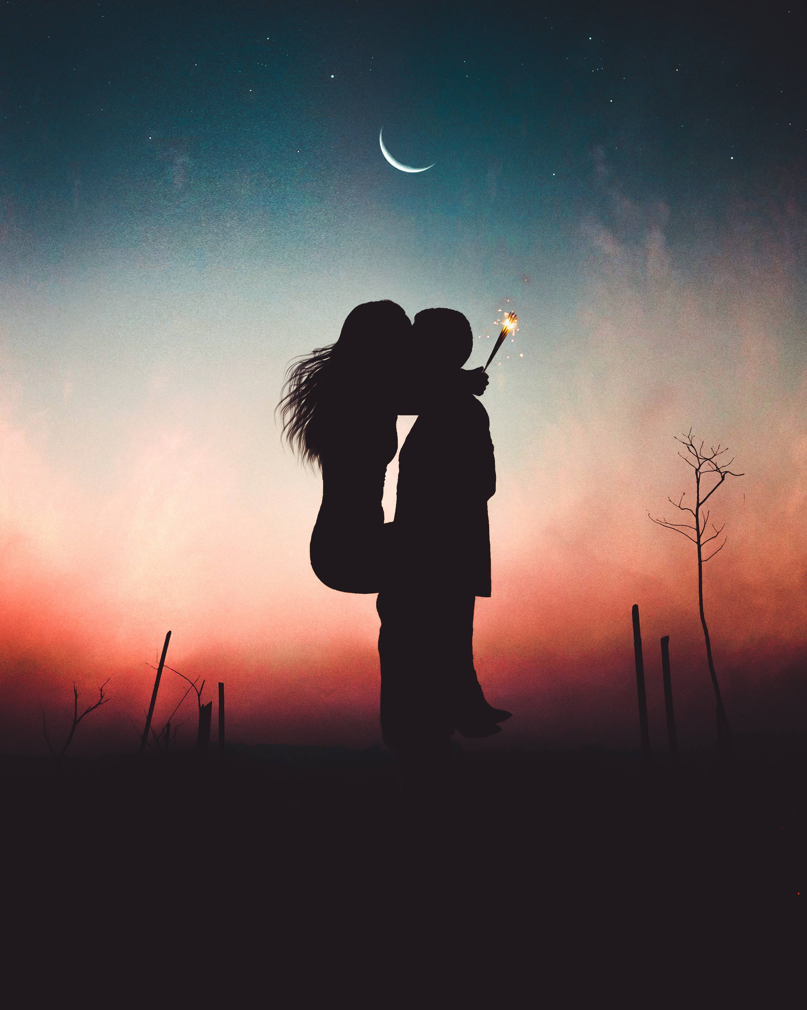 crescent moon, twilight, sparkler, 2K Phone Wallpaper