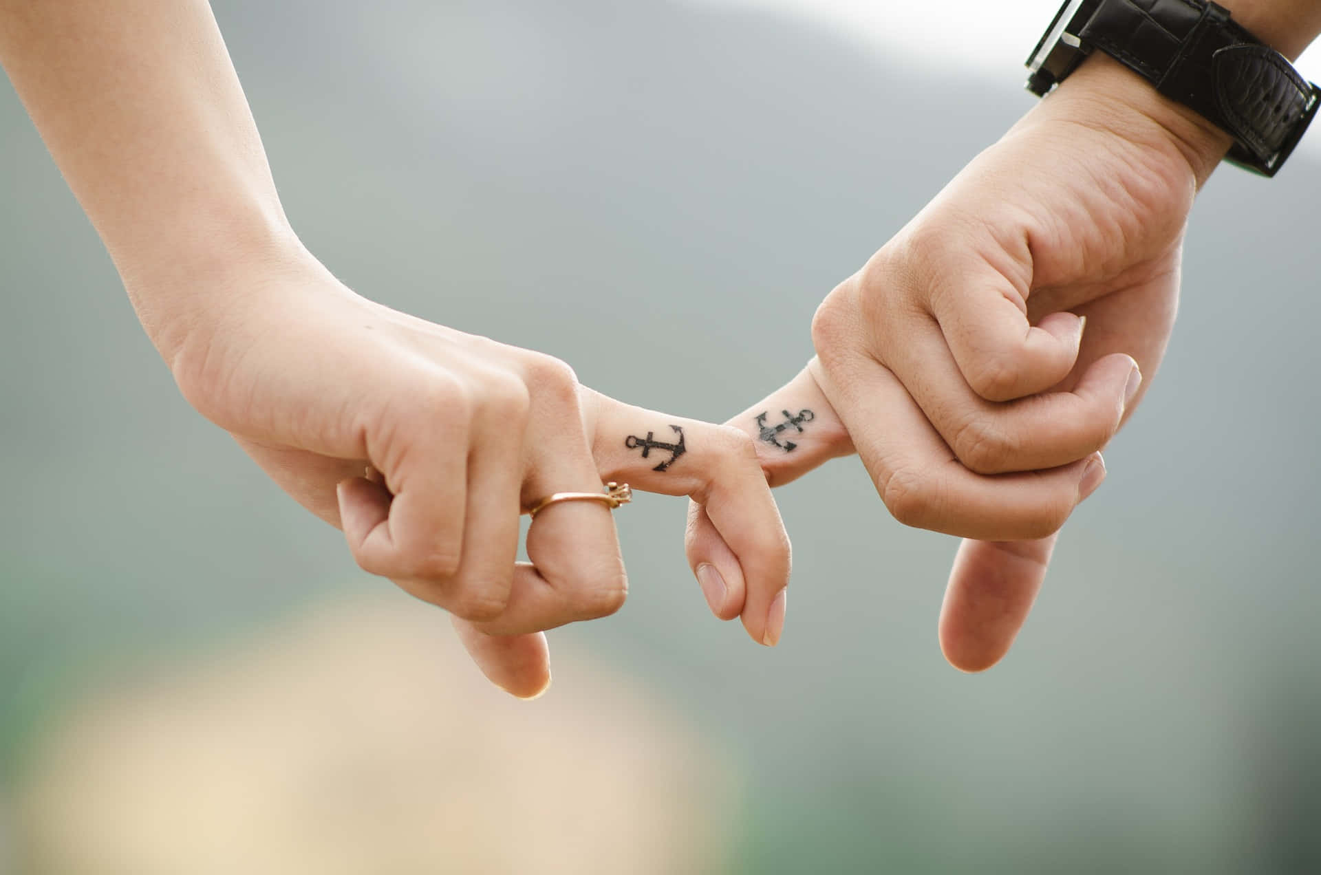 anchor tattoos, index fingers, gold ring, Full HD Desktop Wallpaper