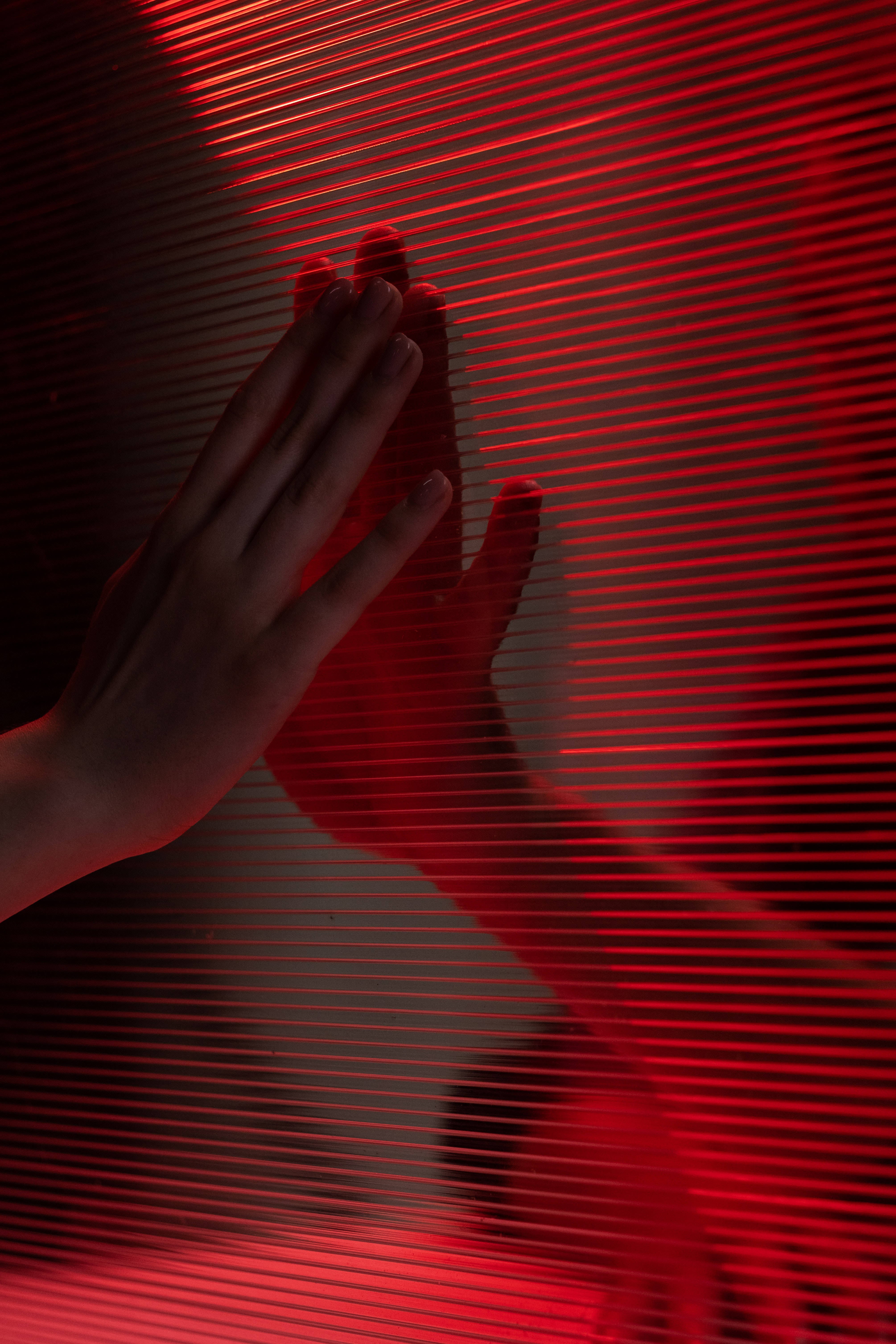 Couple Hands, red striped divider, red-lit horizontal blinds, 5K Phone Wallpaper