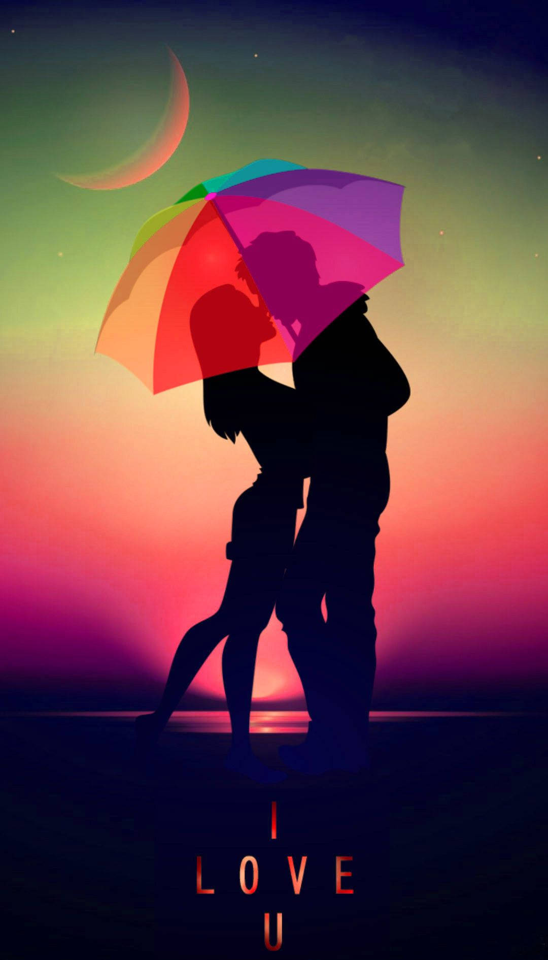rainbow umbrella, vibrant sunset sky, crescent moon, HD Phone Wallpaper