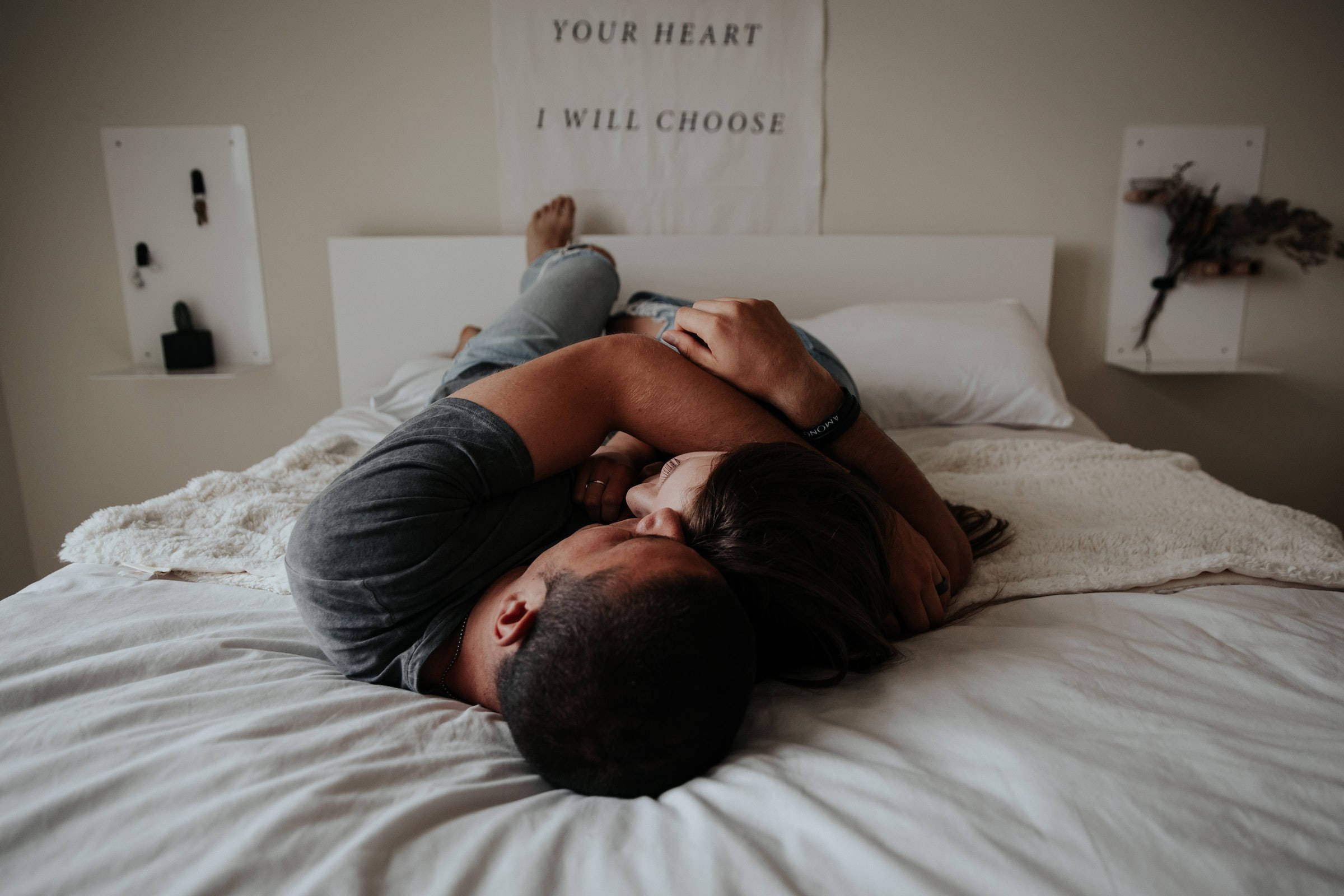 couple hugging on the bed, white blanket, wall banner reading your heart i will choose, Full HD Desktop Wallpaper