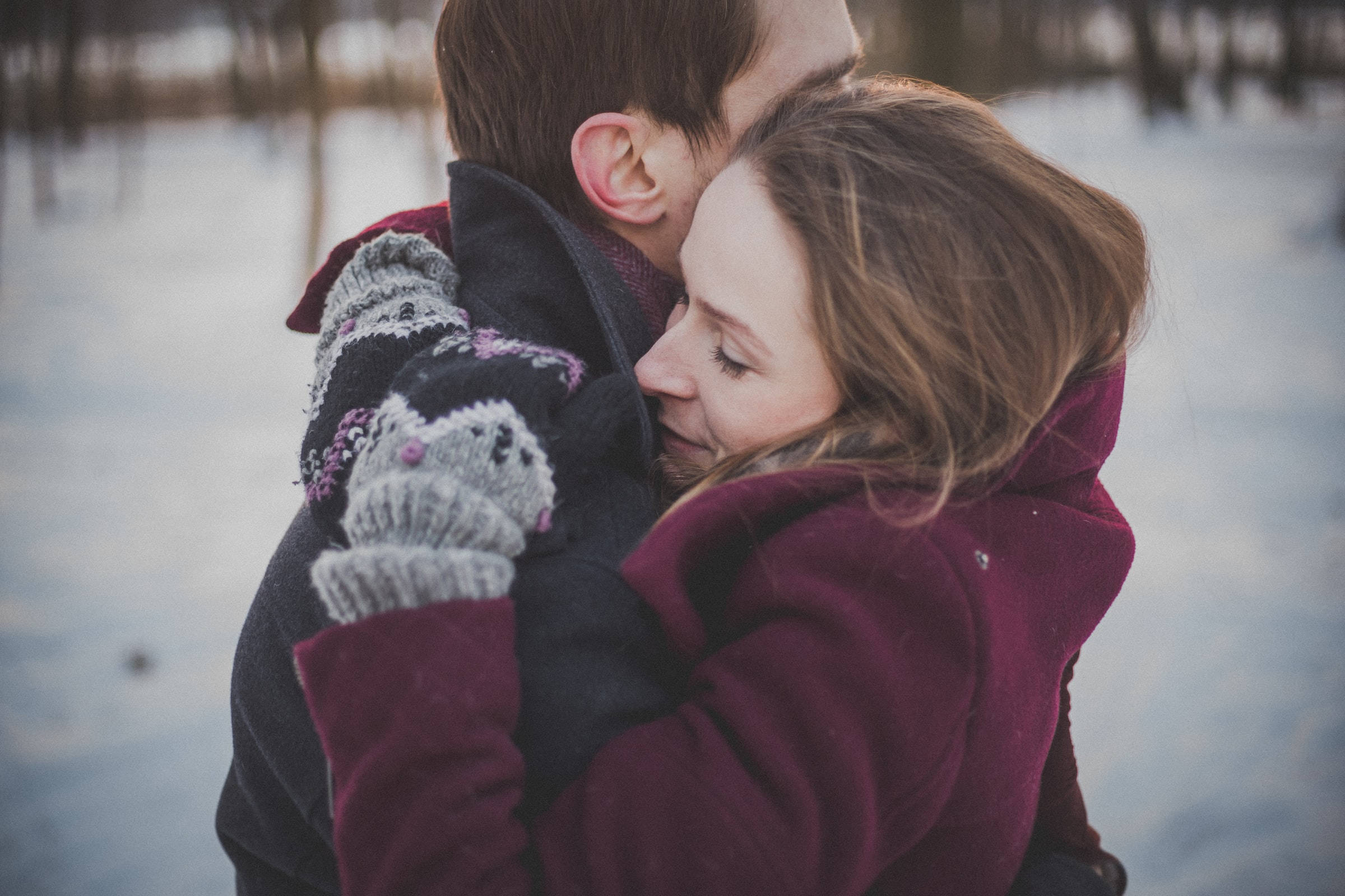 couple hugging, snow forest, snowy field, Full HD Desktop Wallpaper
