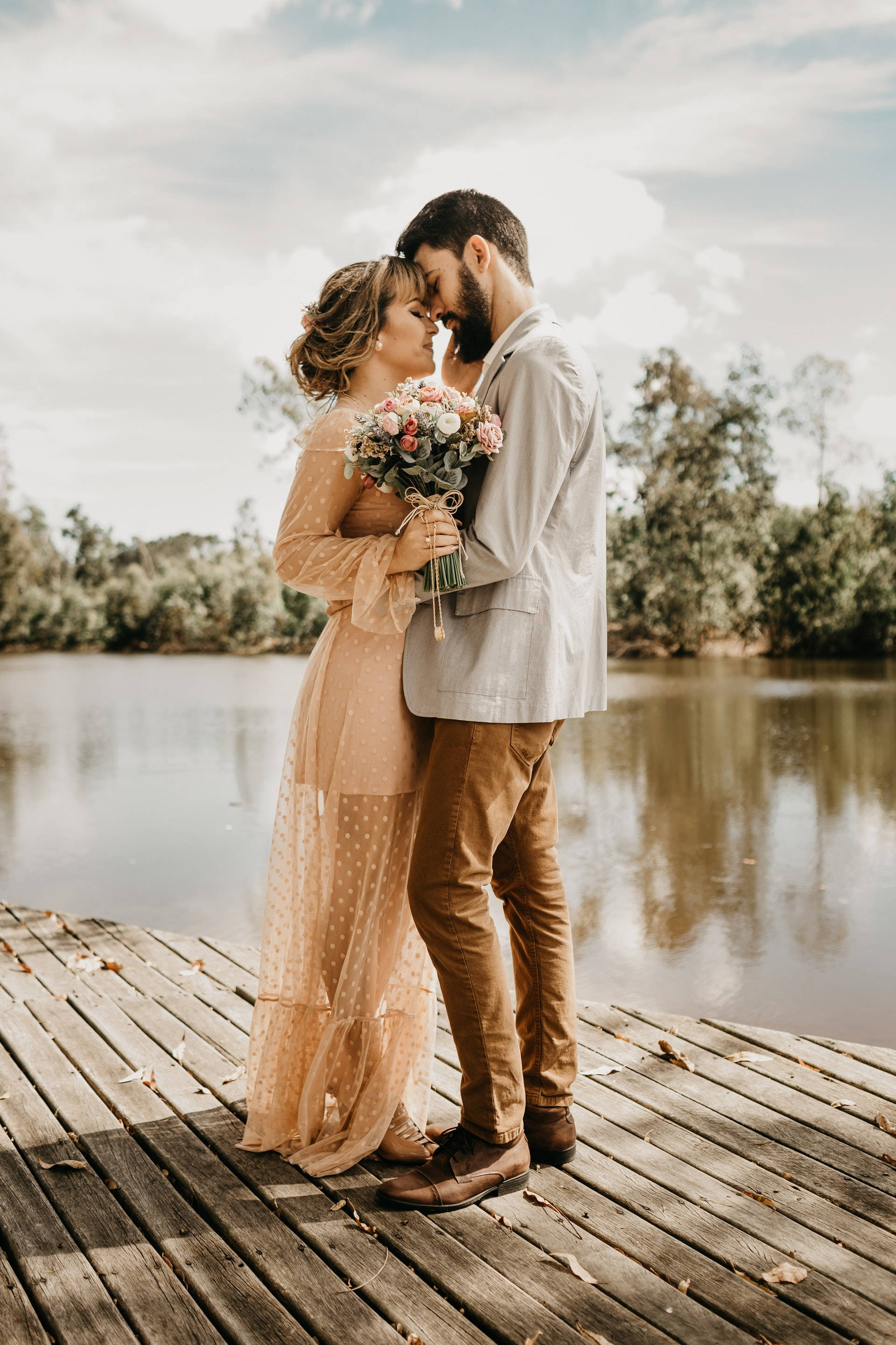 sweet married couple, wooden dock, calm lake, 2K Phone Wallpaper