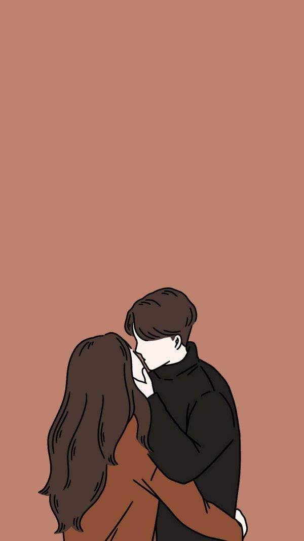 couple hugging, minimalist illustration, terracotta background, SD Phone Wallpaper