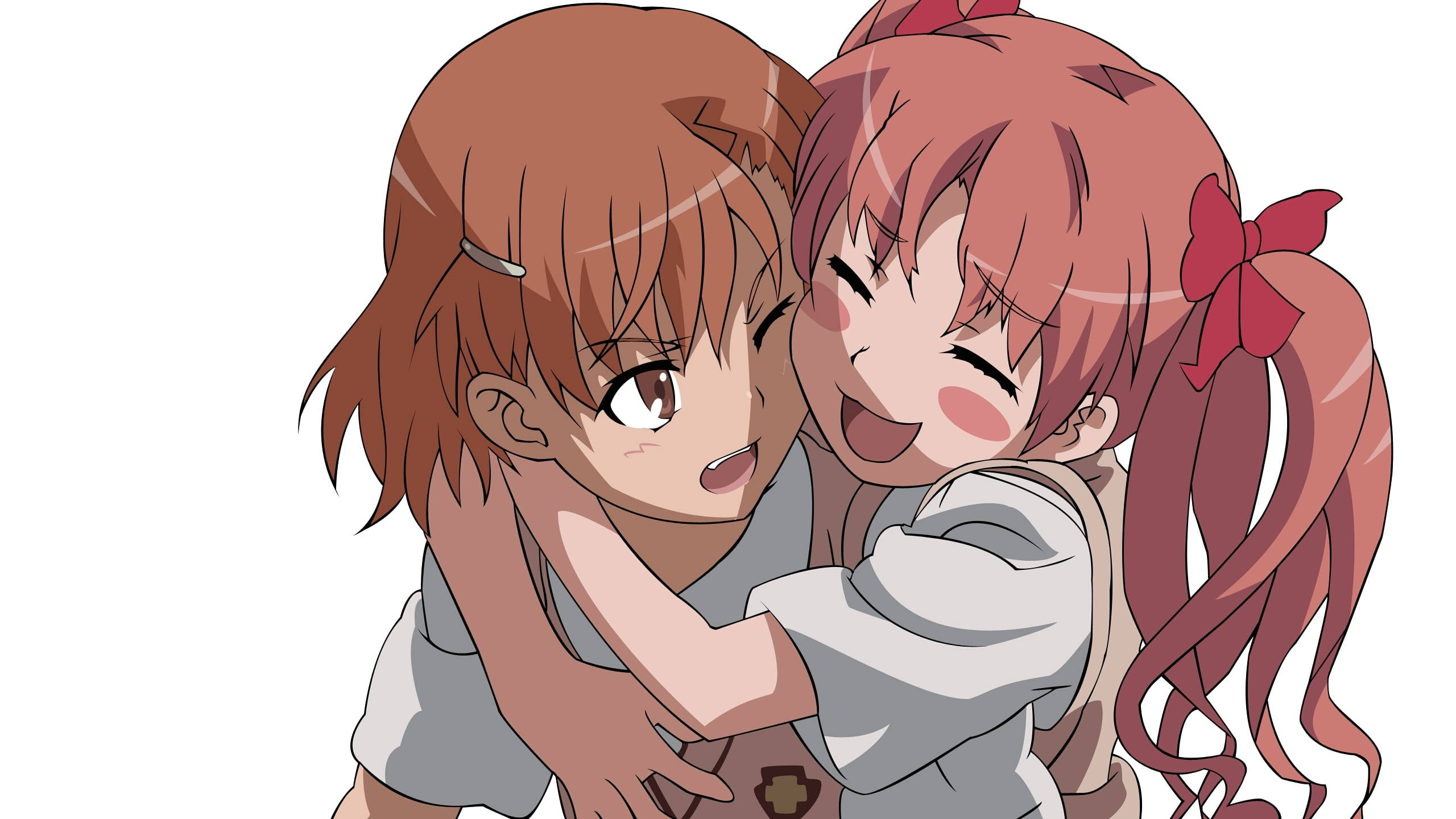 Teenage Couple Anime Hug, brown hair, pink pigtails, 2K Desktop Wallpaper