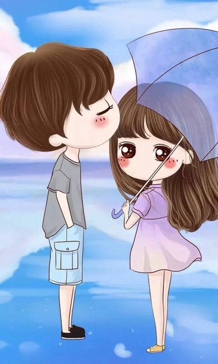 anime couple, blue umbrella, soft sky background, SD Phone Wallpaper