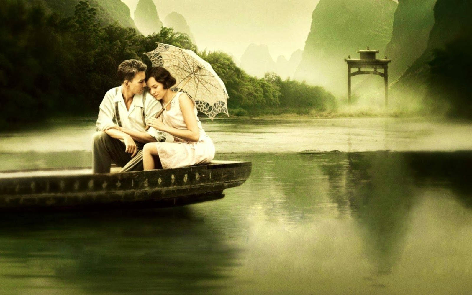 Couple Green Lake, lace parasol, misty riverboat, HD Desktop Wallpaper