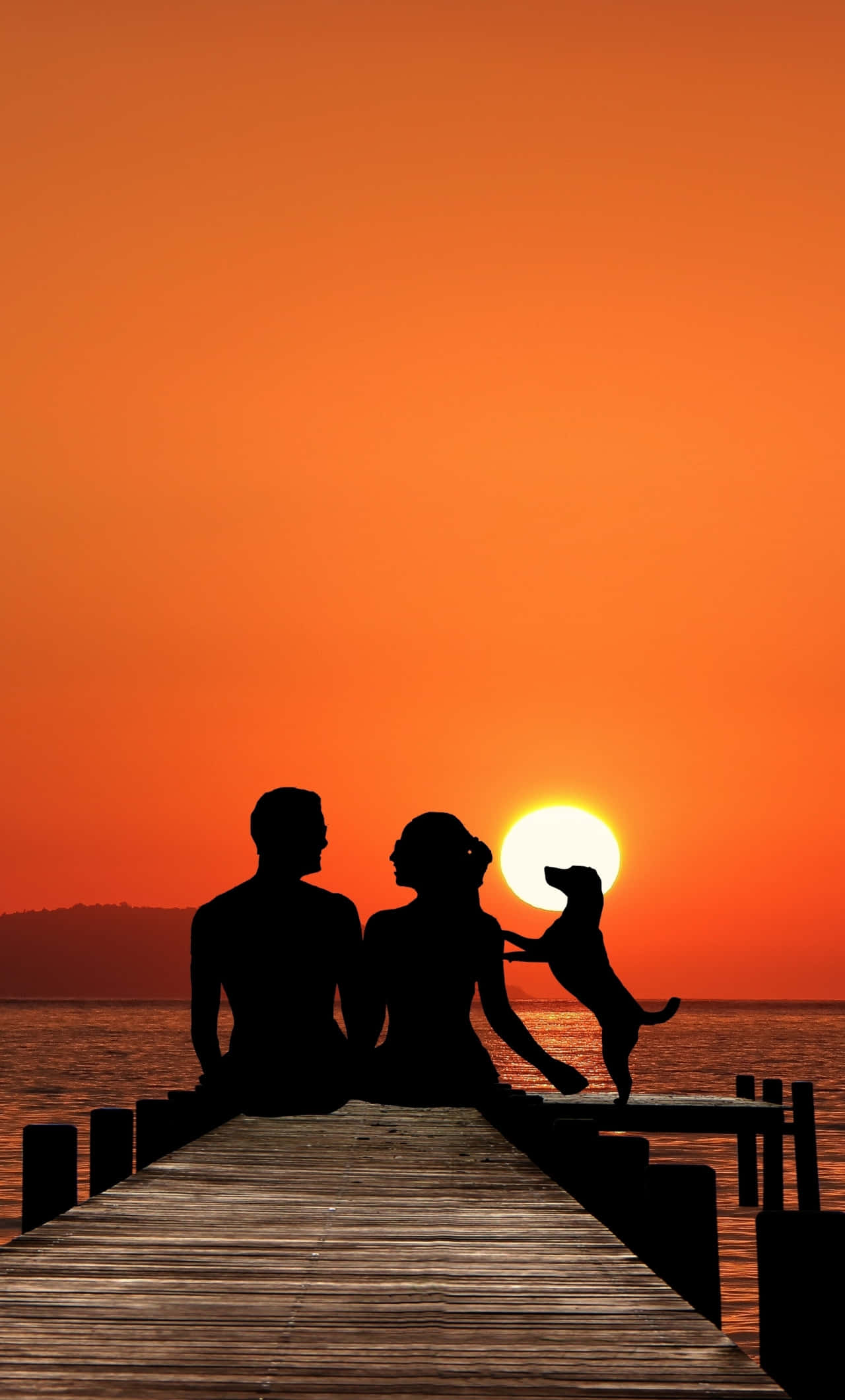 sunset, couple, dog, Full HD Phone Wallpaper