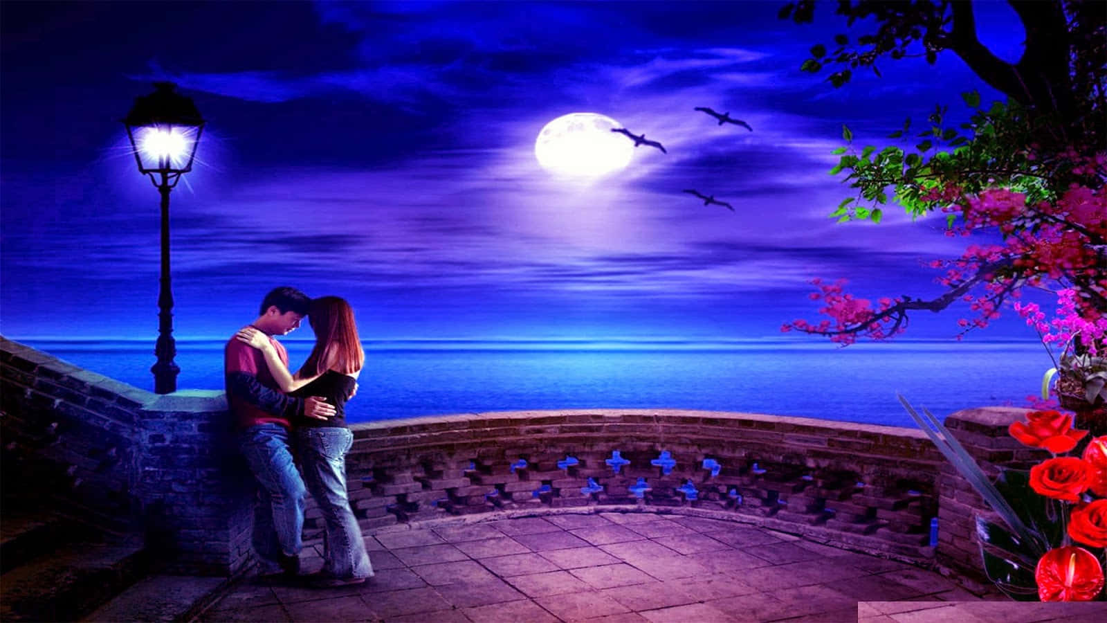 full moon, stone railing, lit lamp, HD Desktop Wallpaper