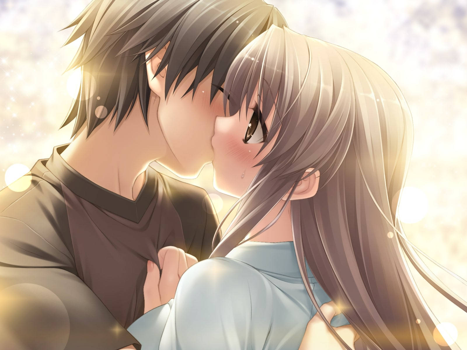 anime couple, golden light, sparkling bokeh effects, HD Desktop Wallpaper
