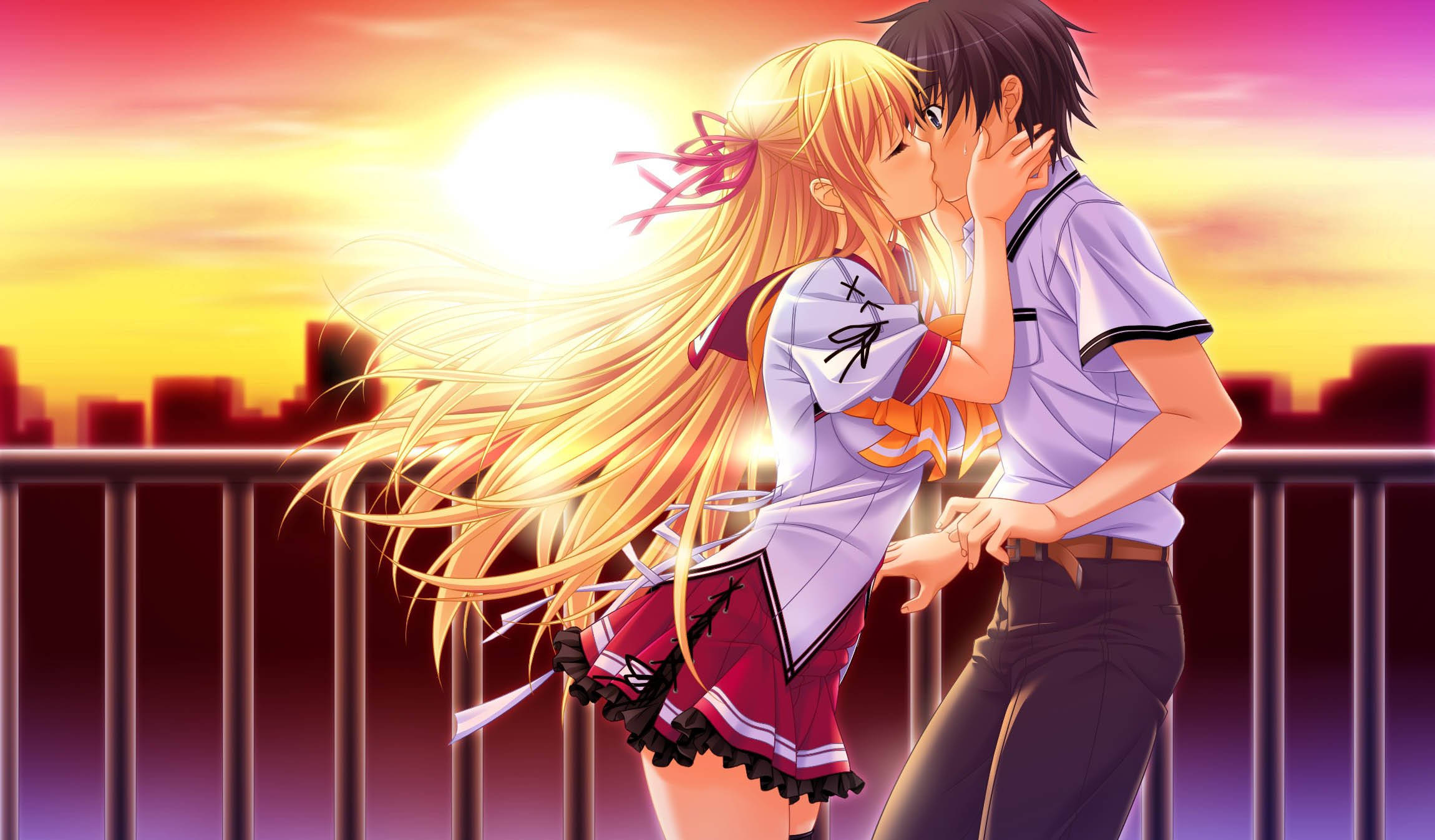 anime couple, kiss, beautiful sunset, Full HD Desktop Wallpaper