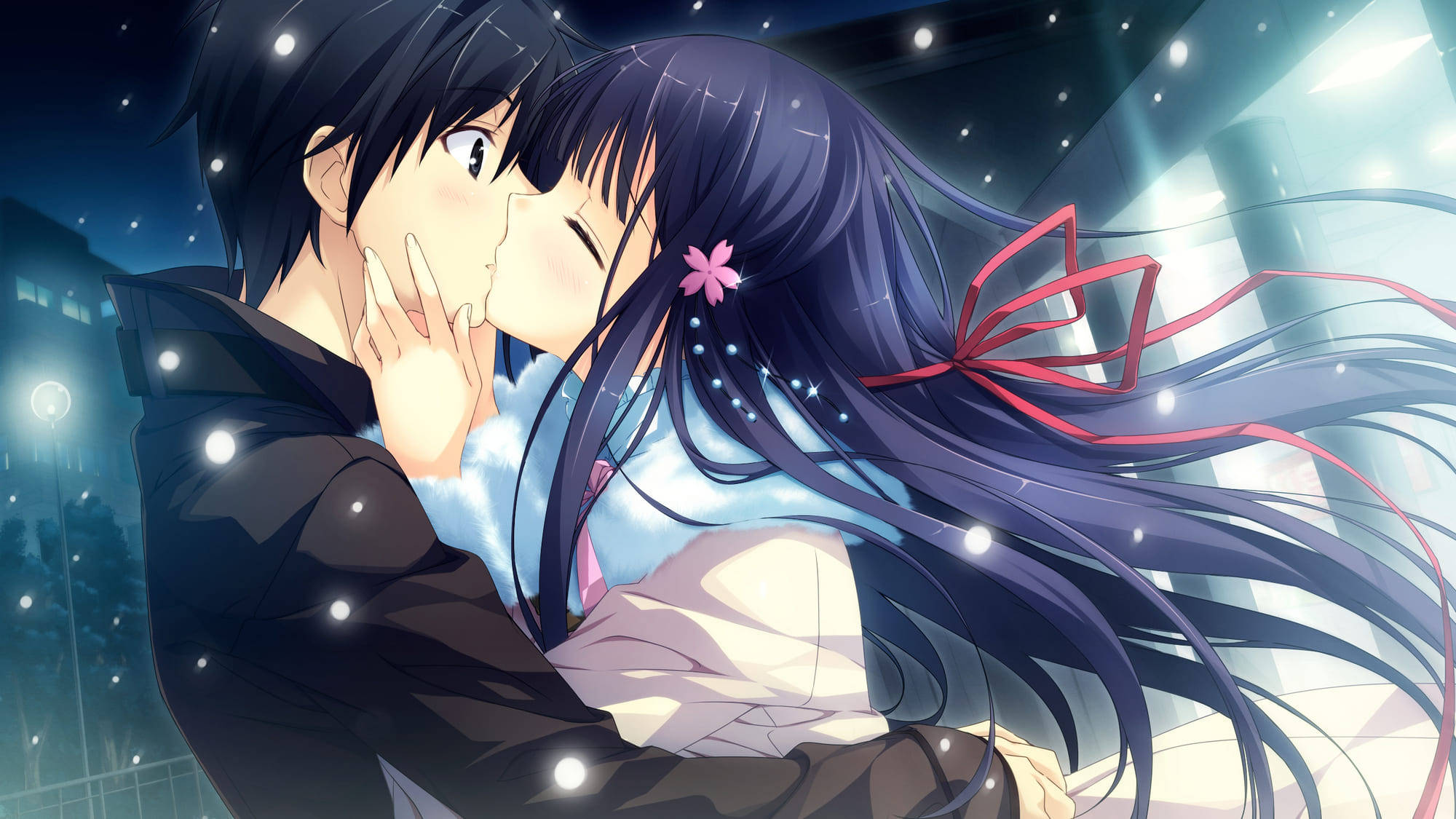anime couple kiss, blue haired, starry night skies, Full HD Desktop Wallpaper