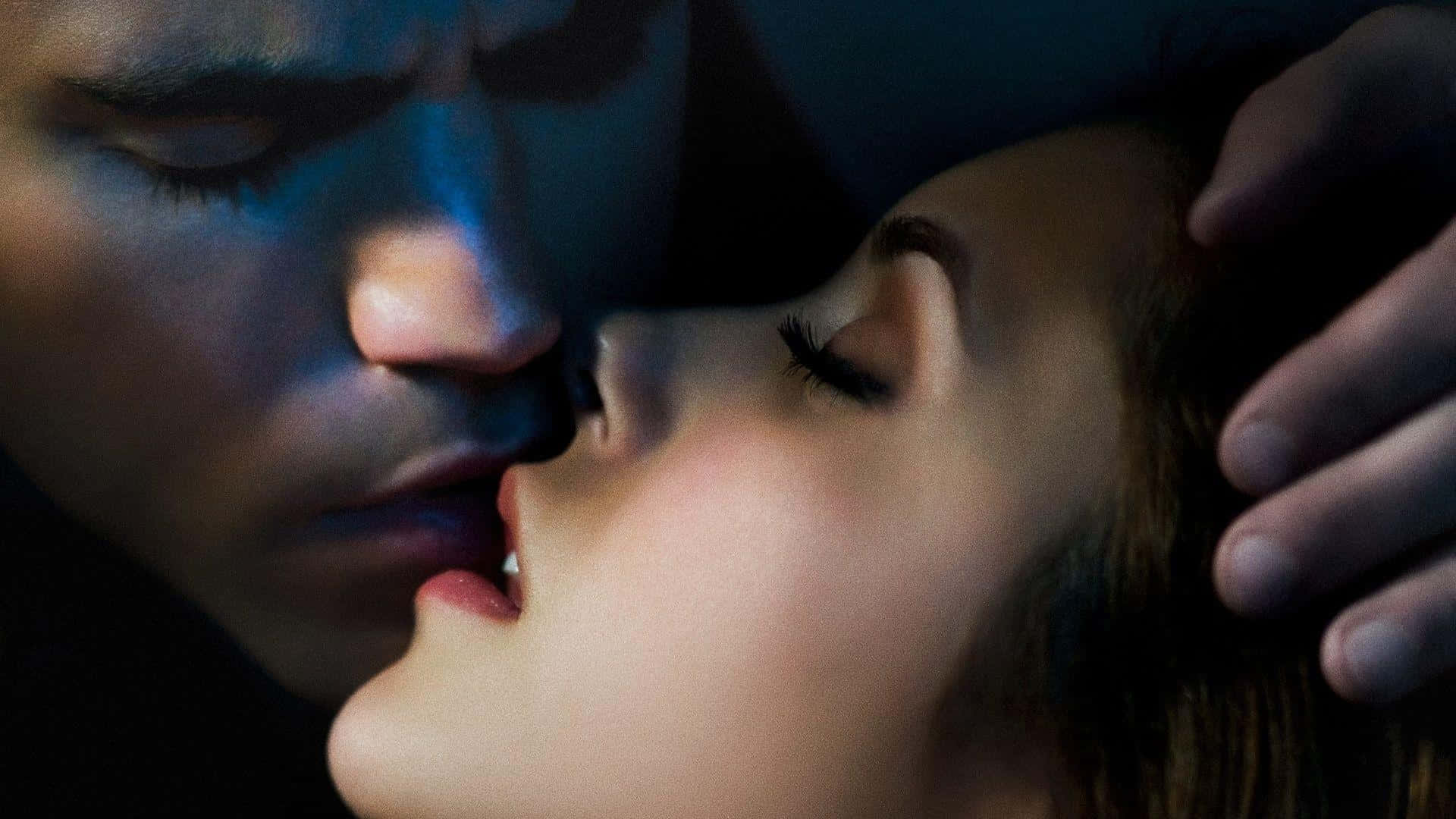 Passionate Kiss Portrait, blue lighting, dimly lit, Full HD Desktop Wallpaper