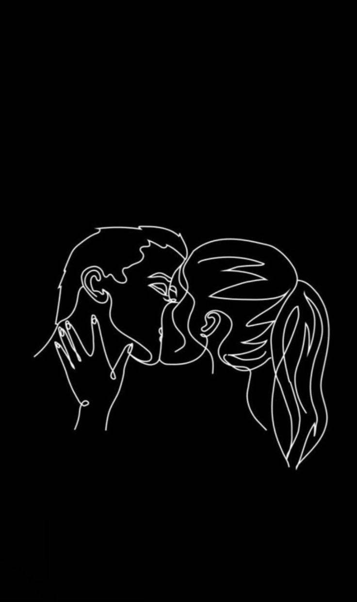 black background, white line drawing, couple kissing, SD Phone Wallpaper