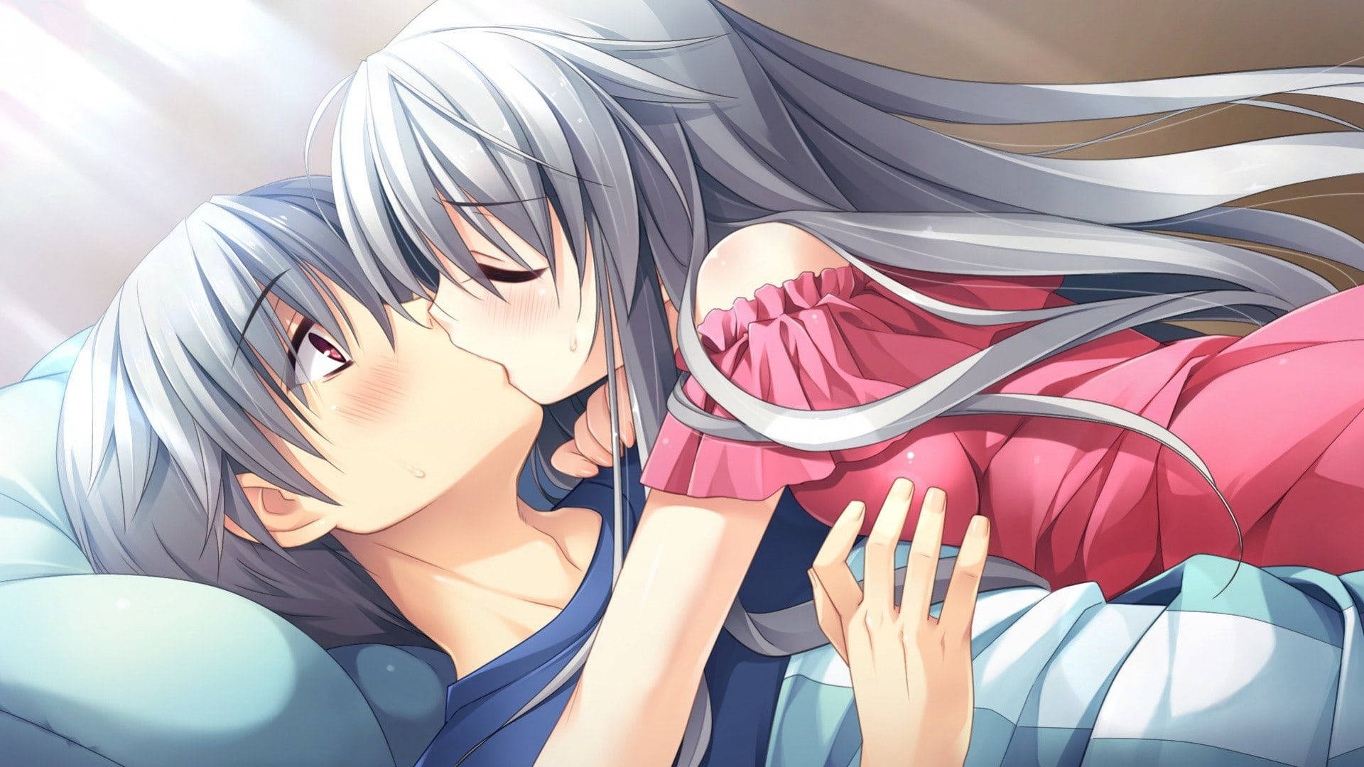gray haired anime couple kiss, silver hair, pink dress, Full HD Desktop Wallpaper