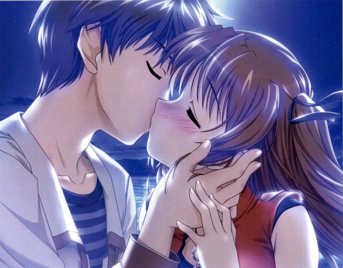 anime couple, kiss, moonlight, SD Desktop Wallpaper