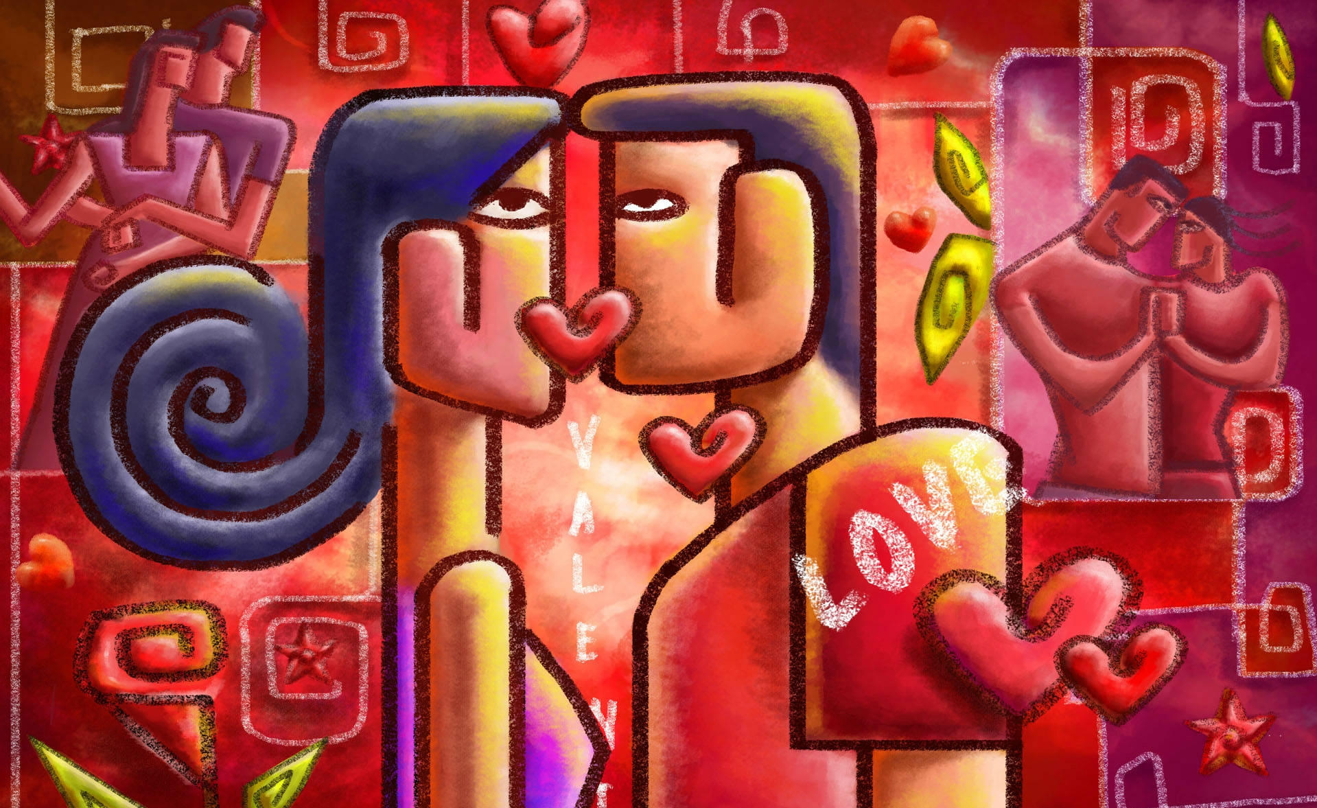 Love Couple Kissing, abstract illustration, stylized lovers, HD Desktop Wallpaper