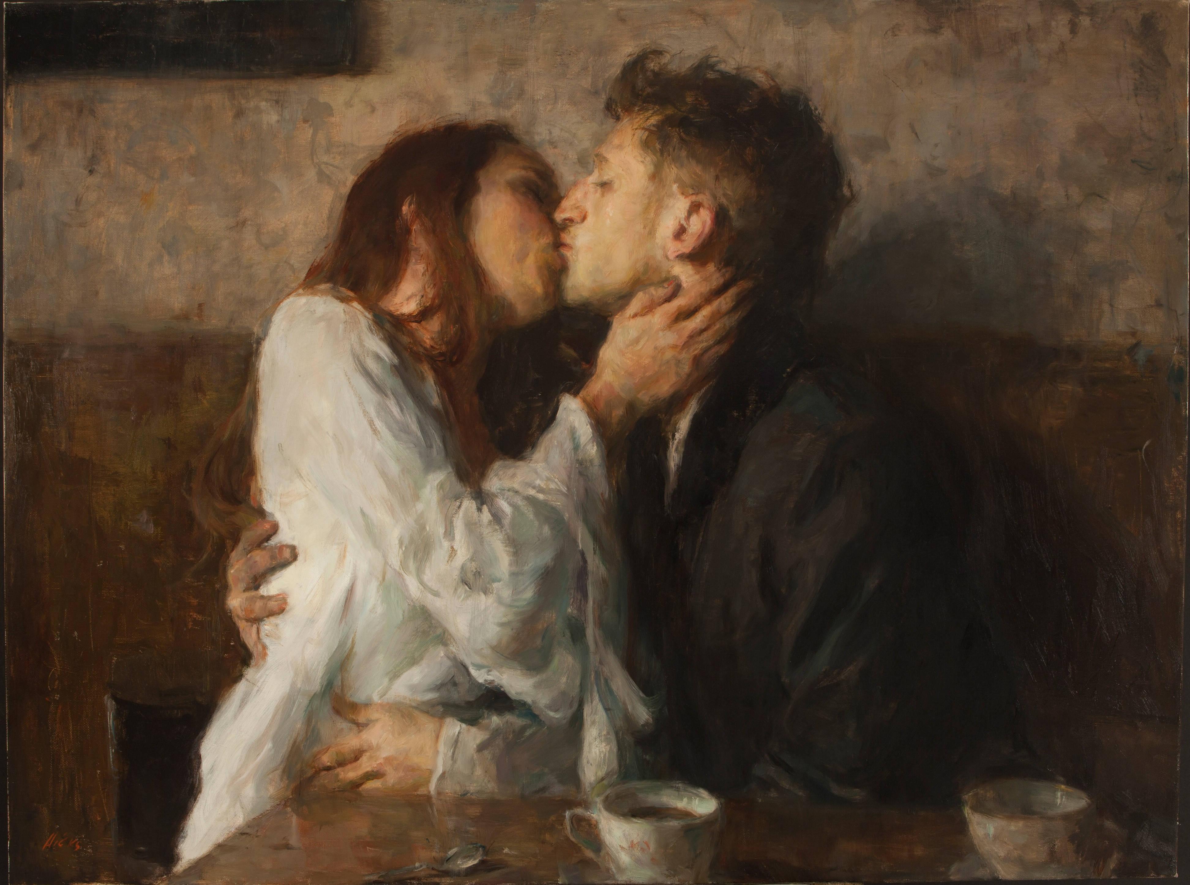 oil painting, couple kissing, dimly lit table, 4K Desktop Wallpaper