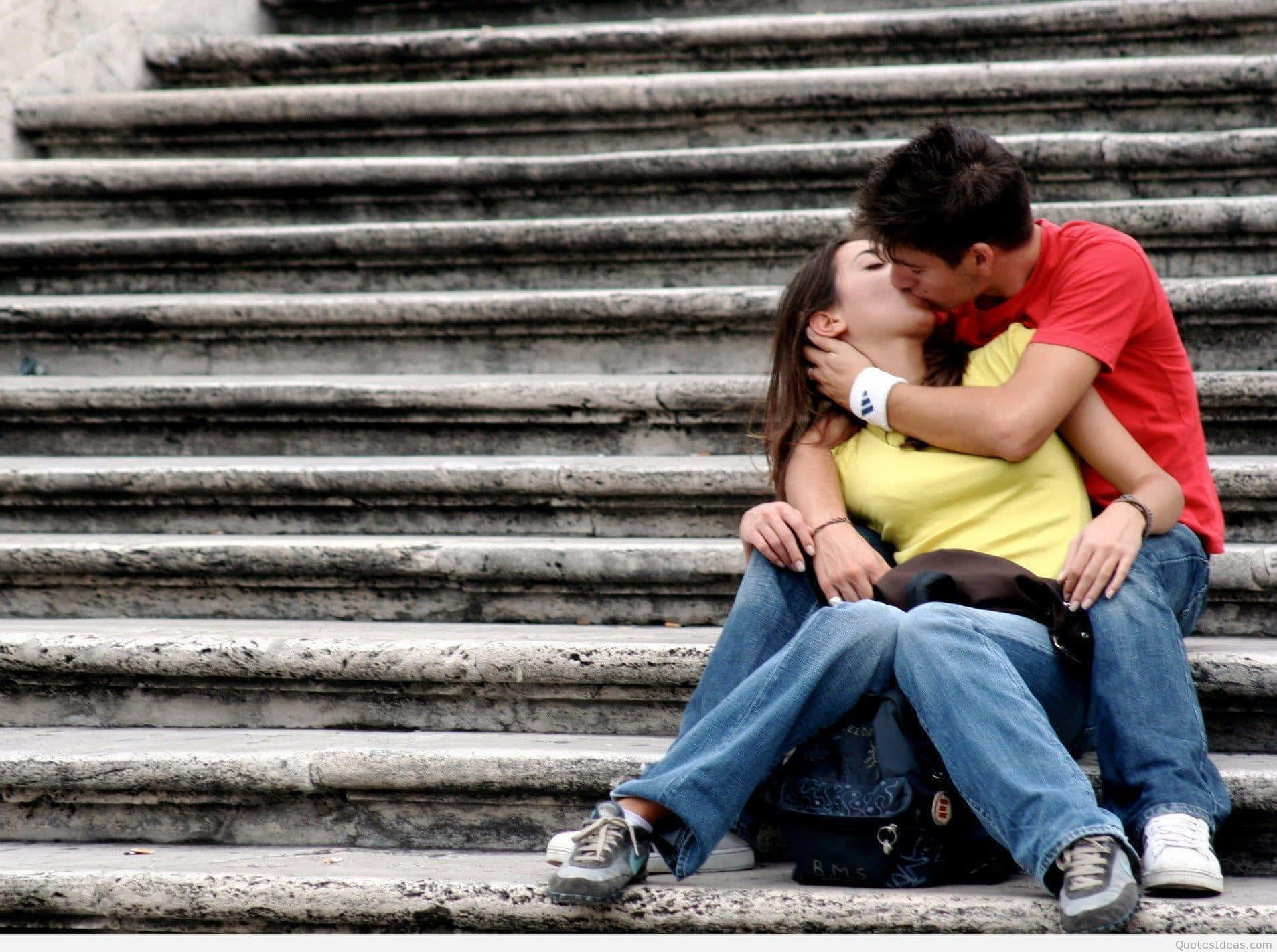 stairs, couple, kiss, HD Desktop Wallpaper