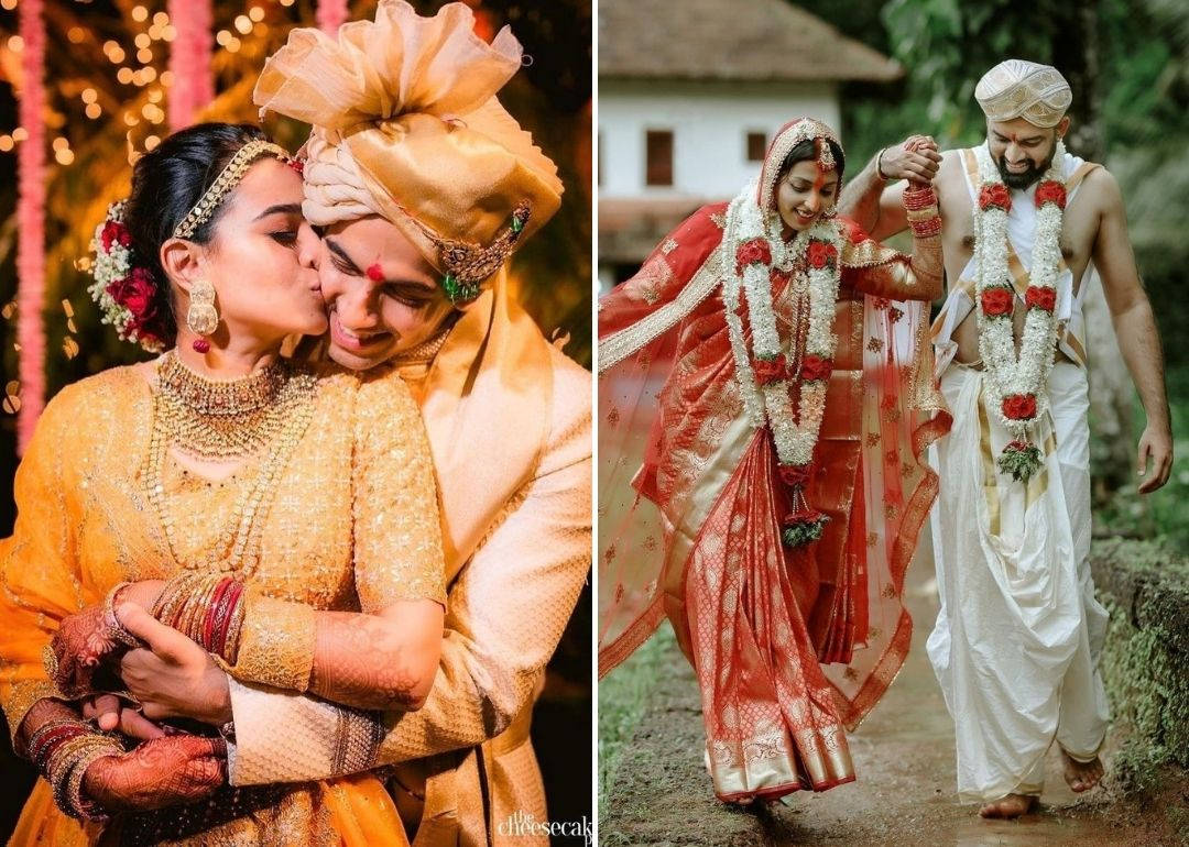 Indian couple, intimate kiss, golden attire, SD Desktop Wallpaper