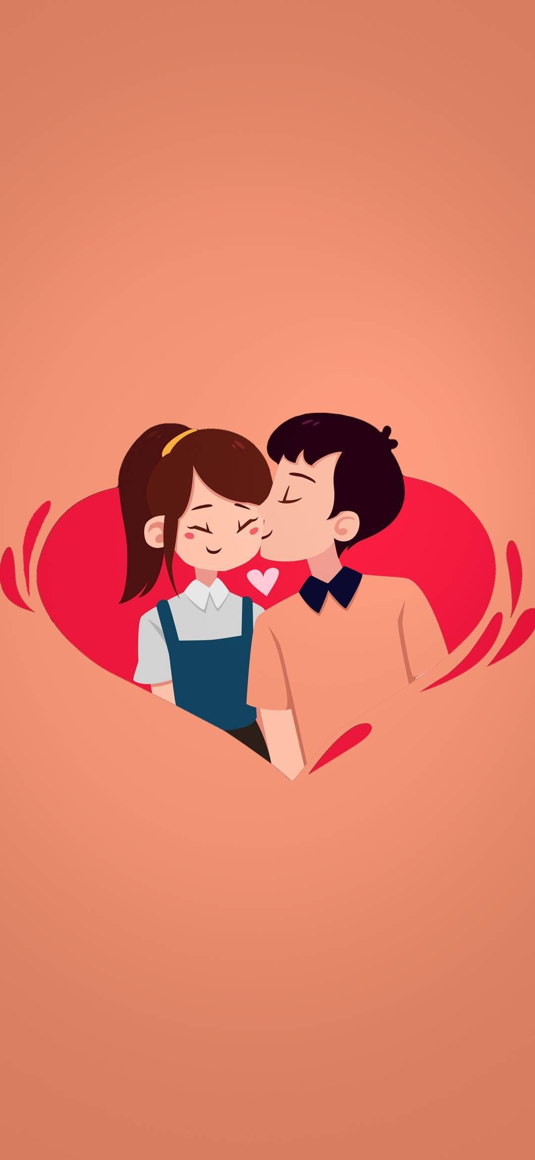 cute cartoon couple, red heart, soft peach background, Full HD Phone Wallpaper