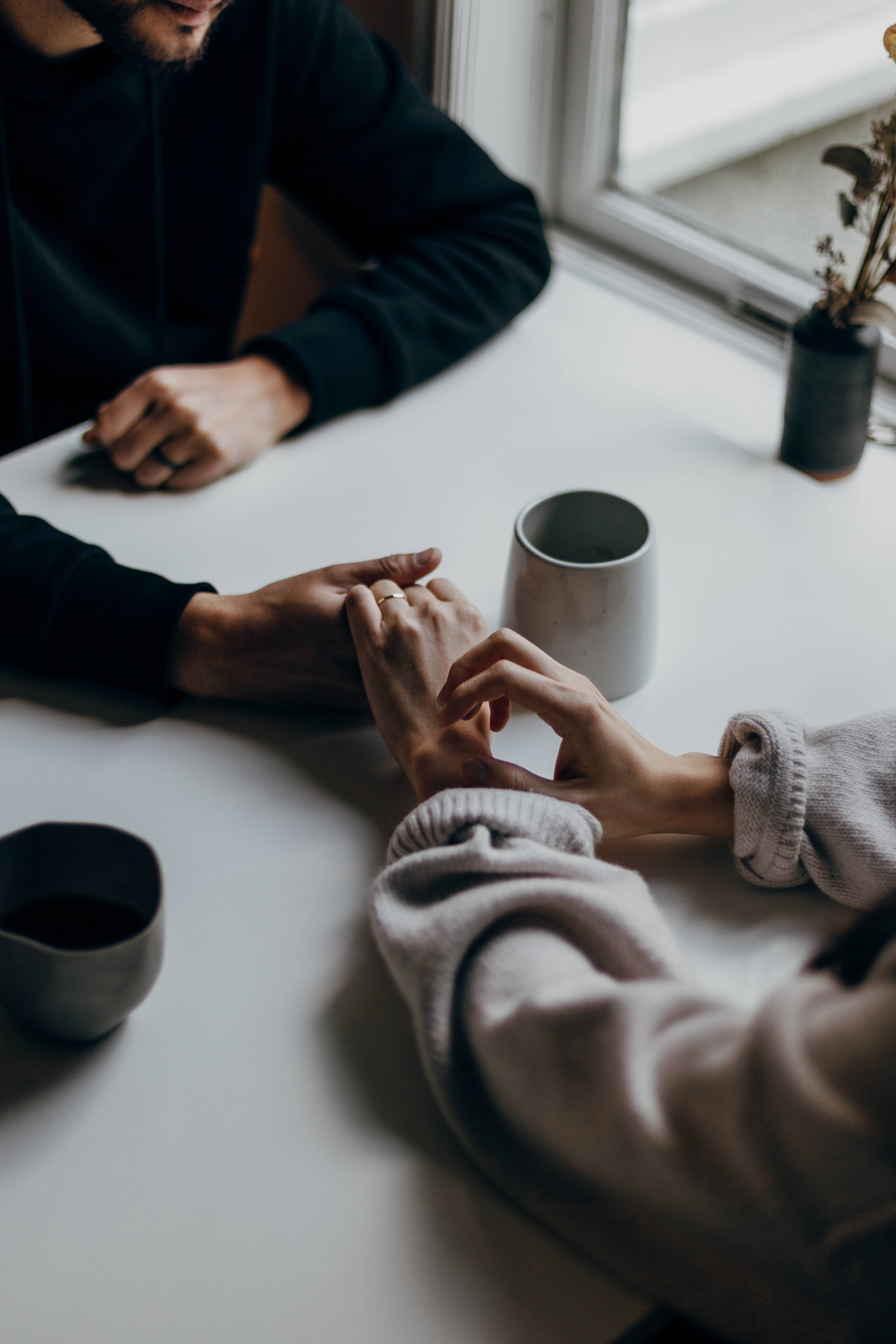 couple, white table, window, 4K Phone Wallpaper