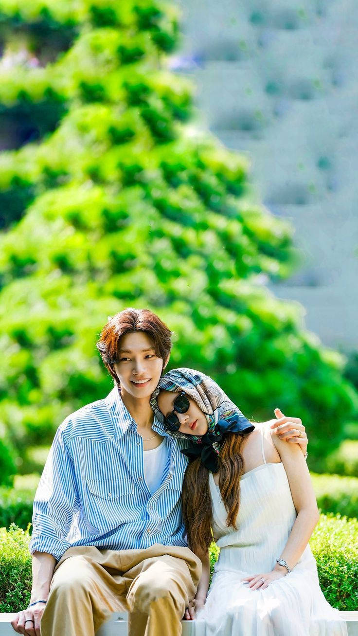Korean couple, bench, lush greenery, HD Phone Wallpaper