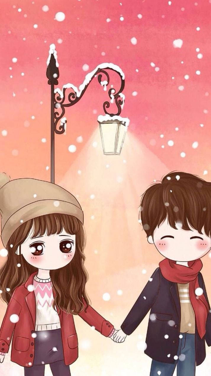 anime couple, snow-dusted streetlamp, gentle snowflakes, SD Phone Wallpaper